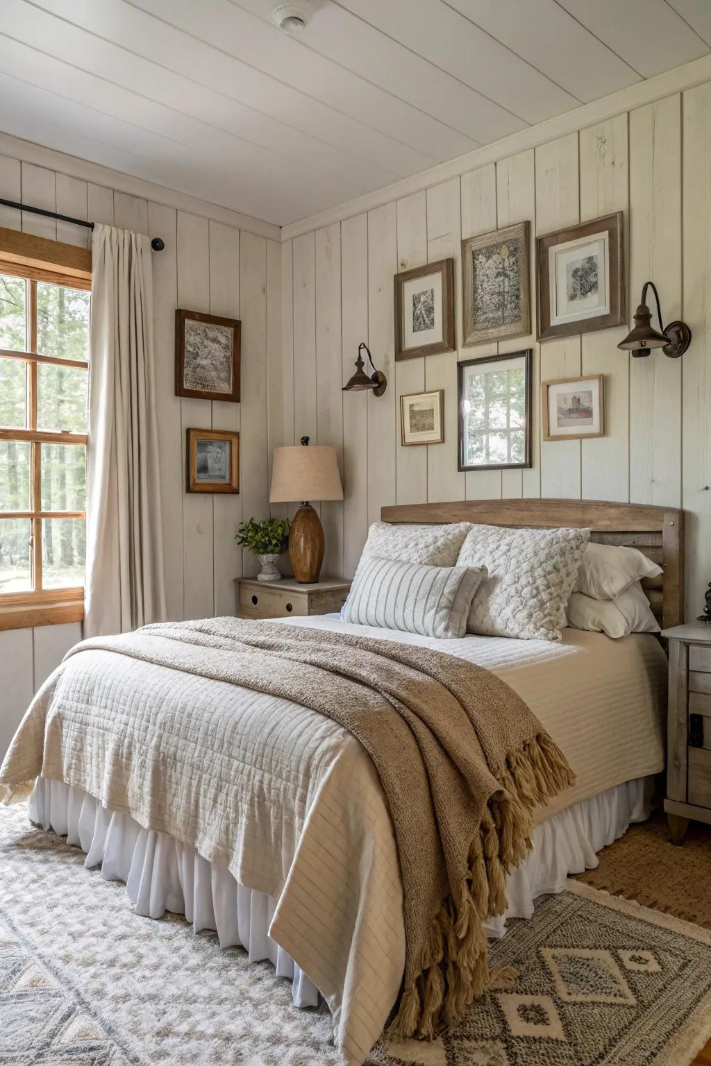 A comfortable bedroom with planking walls in neutral tints.