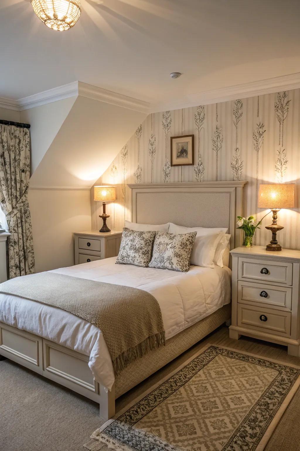 Symmetrical design creates balance in a corner bed setting.
