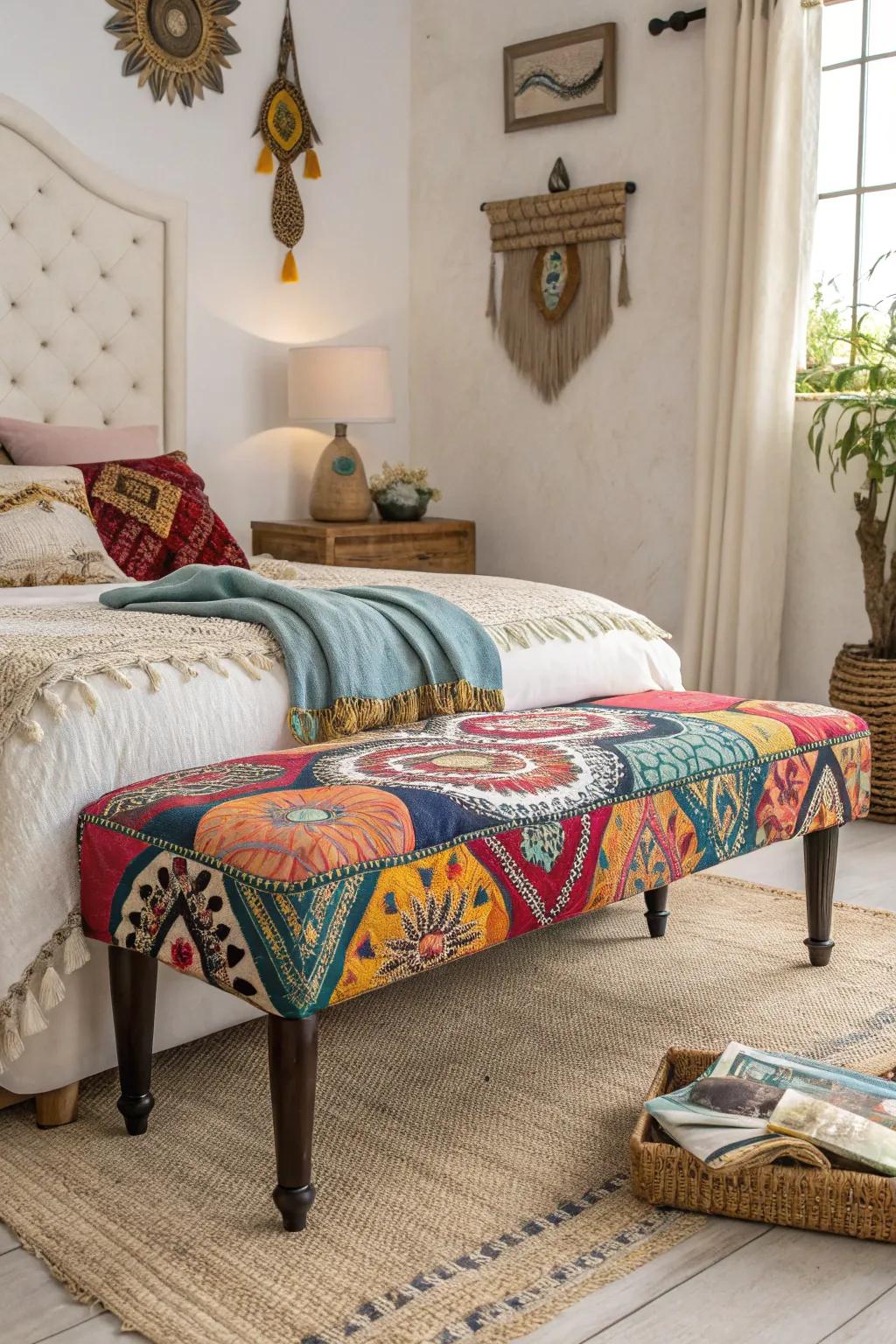 Bohemian benches inject hue and individuality into your bedroom.