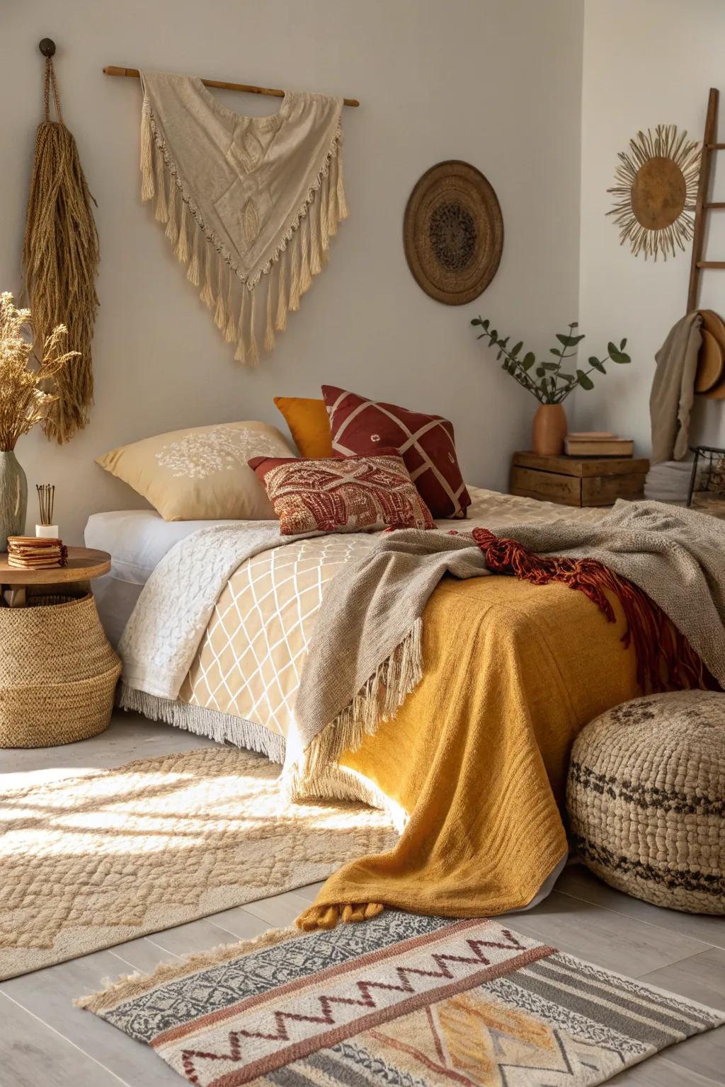 Tactile elements introduce dimension and warmth to this cozy slumber space.