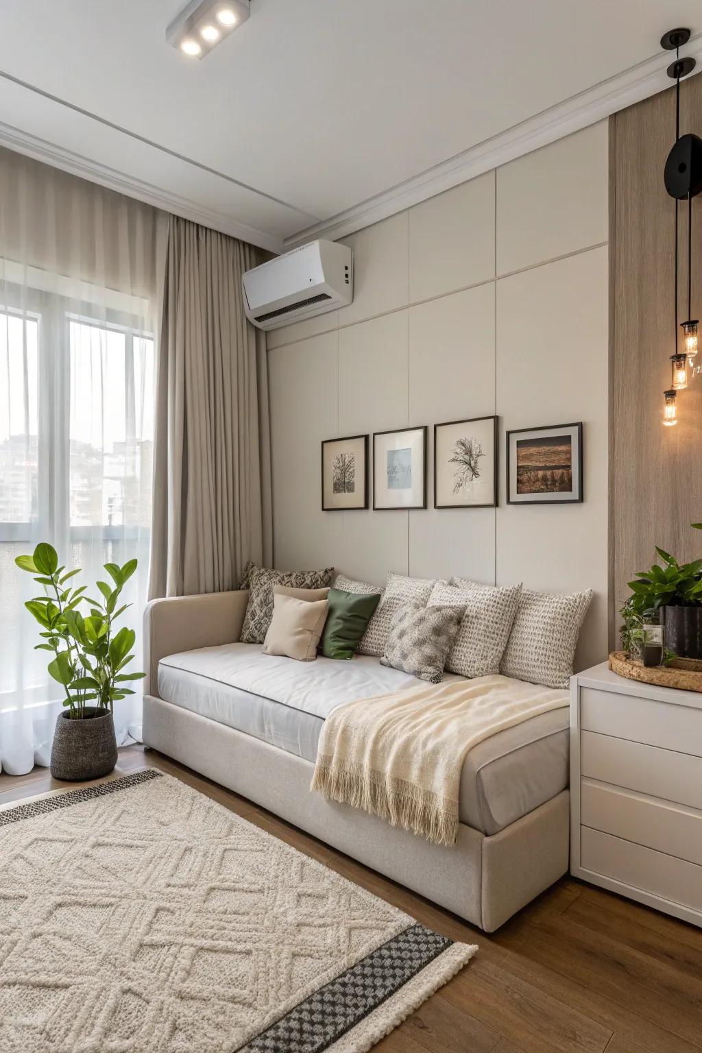 A modern nook couch that maximizes area, adding relaxation and design to the sleeping quarters.