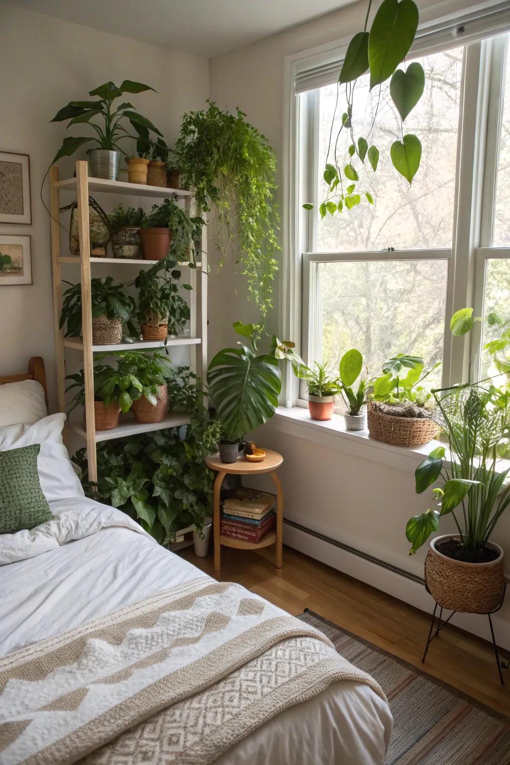 Indoor plants add freshness and a bit of nature to this vibrant bedroom.