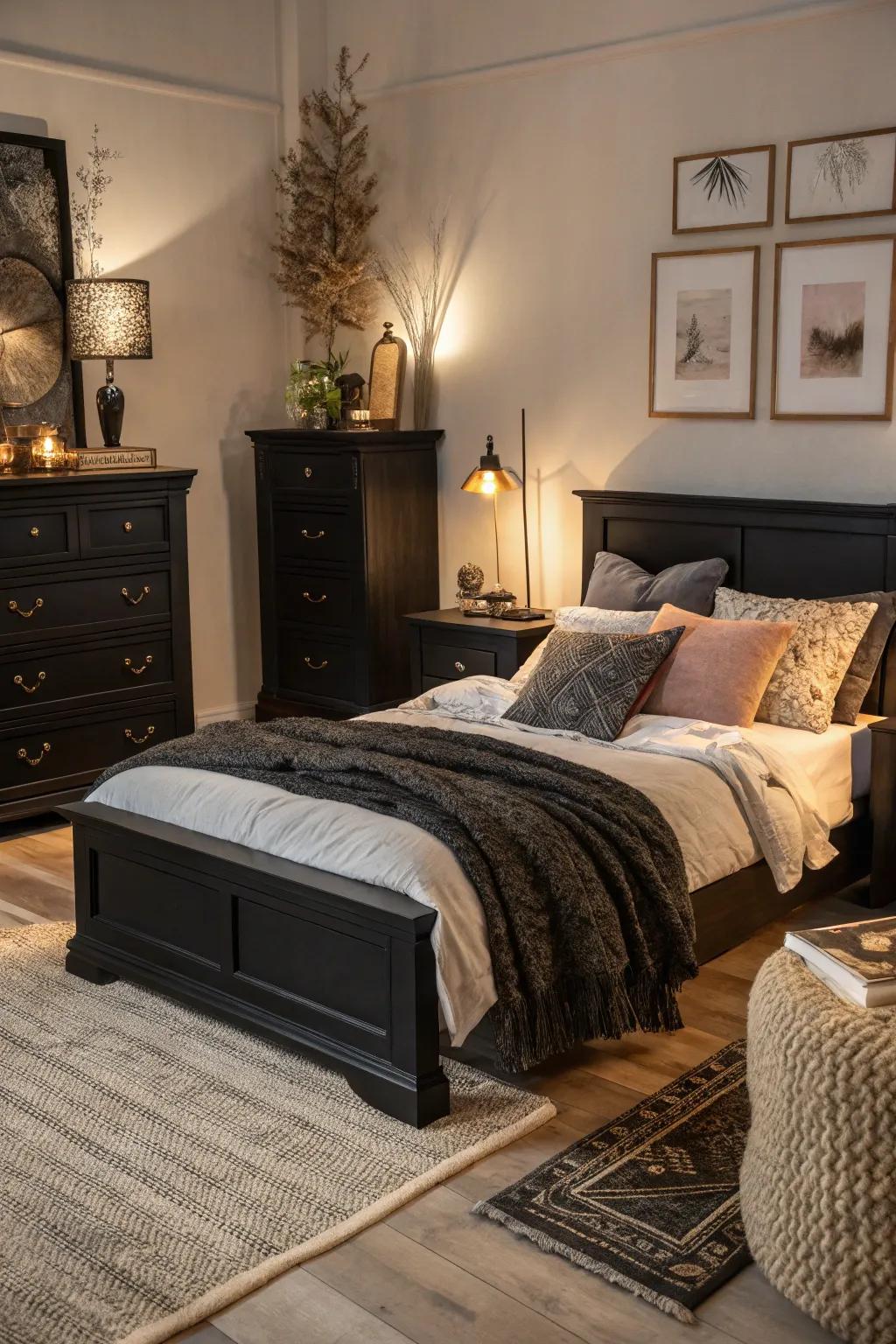 The interplay of textures like velvet and knits deepens the coziness of a bedroom with black furniture.