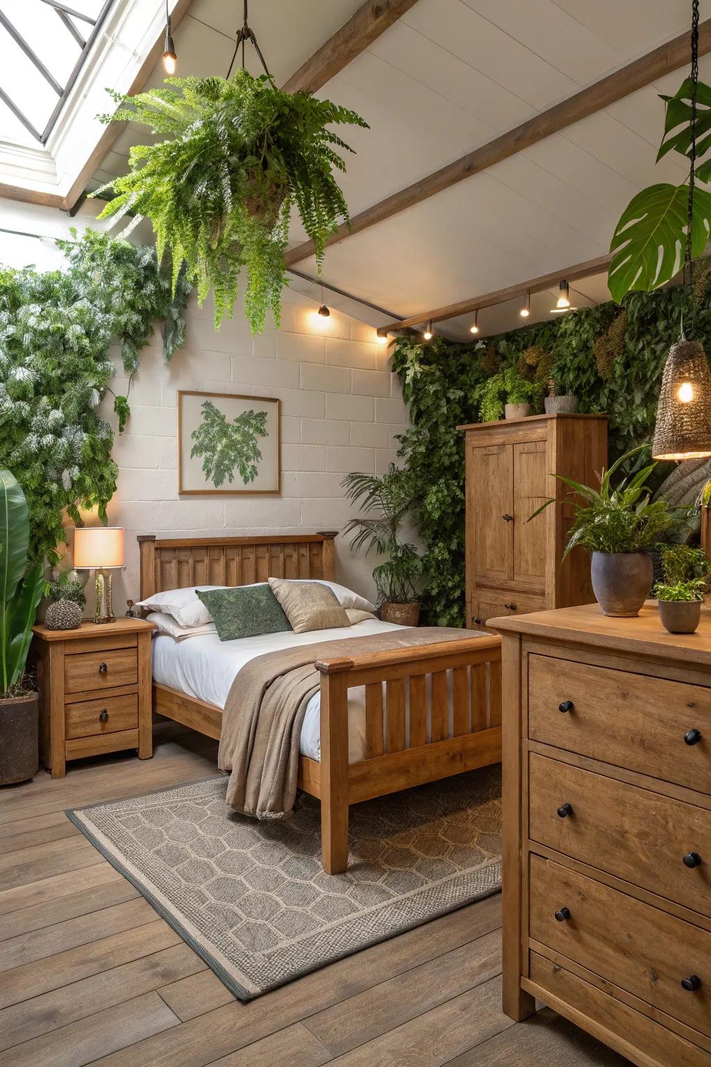A bedroom seamlessly blending with nature through the use of wood and lush greenery.