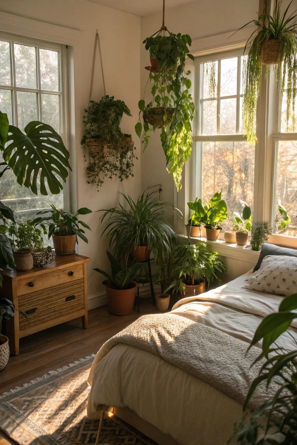 Indoor plants bring vitality and freshness to the bedroom.