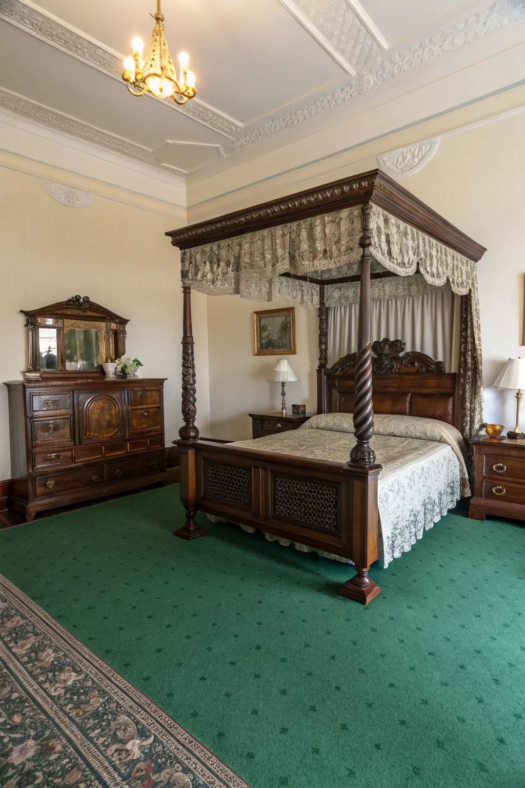 Dark wood furnishings contrast beautifully with the lavish verdant floor covering.