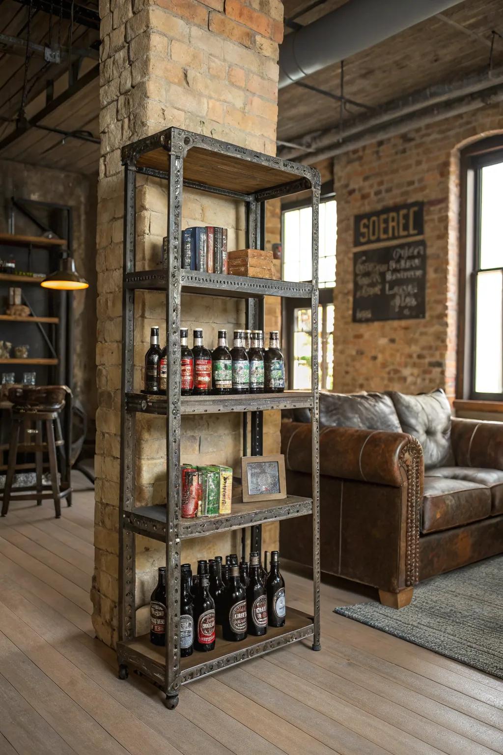 Retro metal shelving with brew bottles in a factory-style family room.