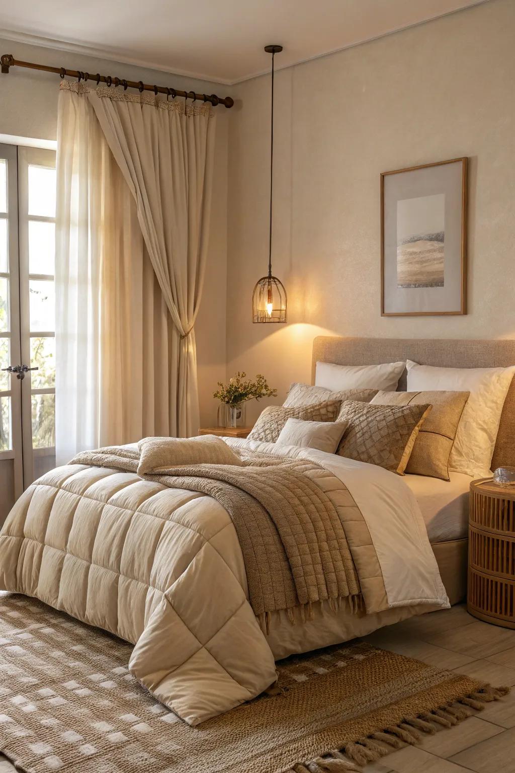 Coordinated bedding in beige shades imparts a dash of elegance to this bedroom.