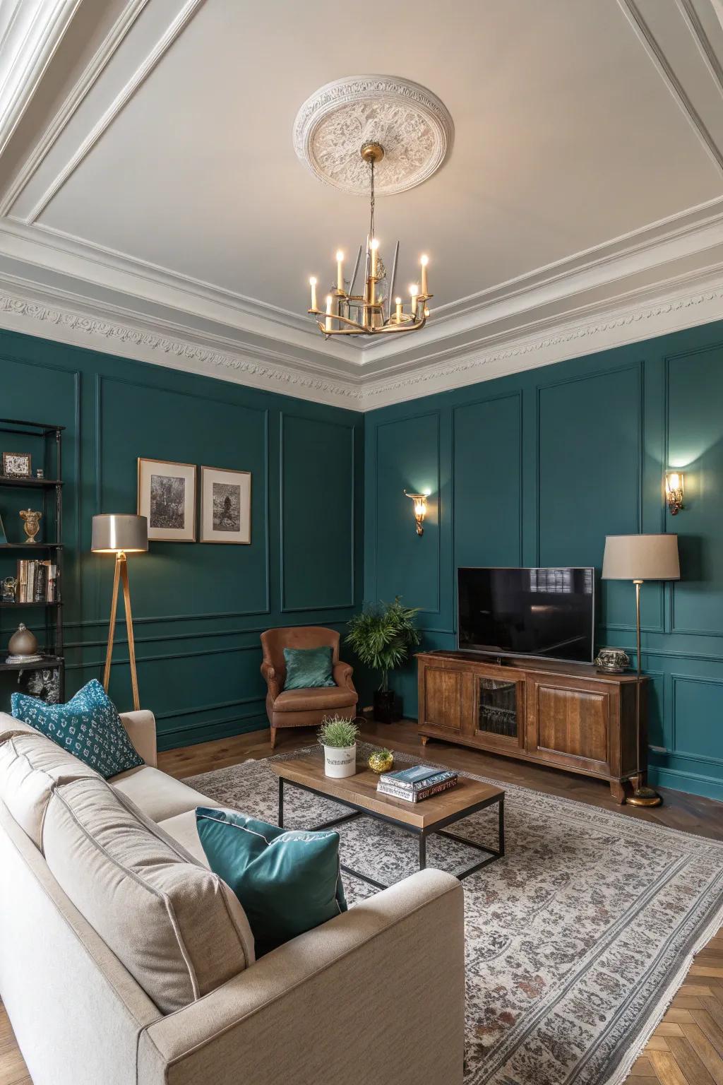Deep teal enriches the living space with elegance and profundity.
