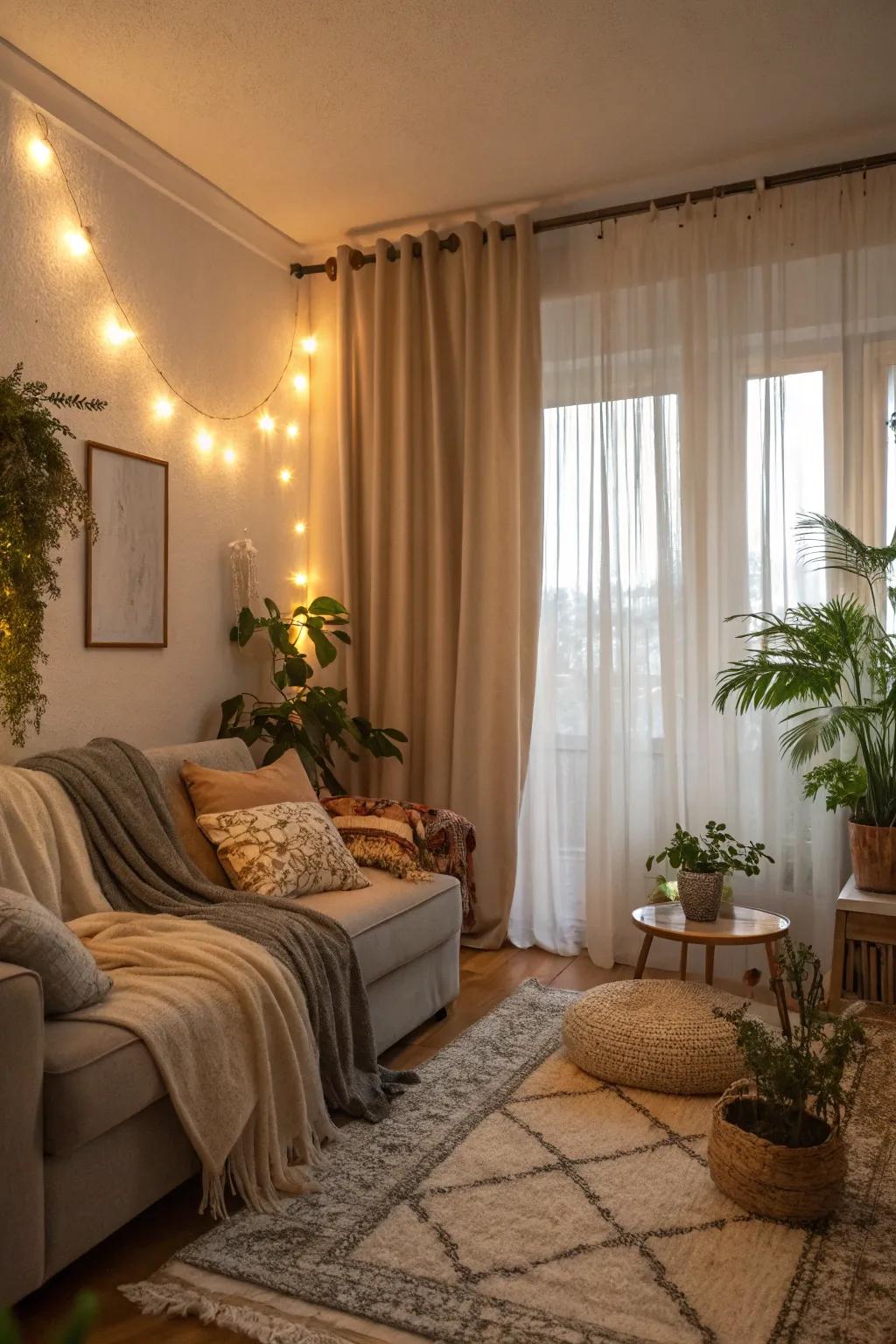 Layered drapes offer both practicality and style.