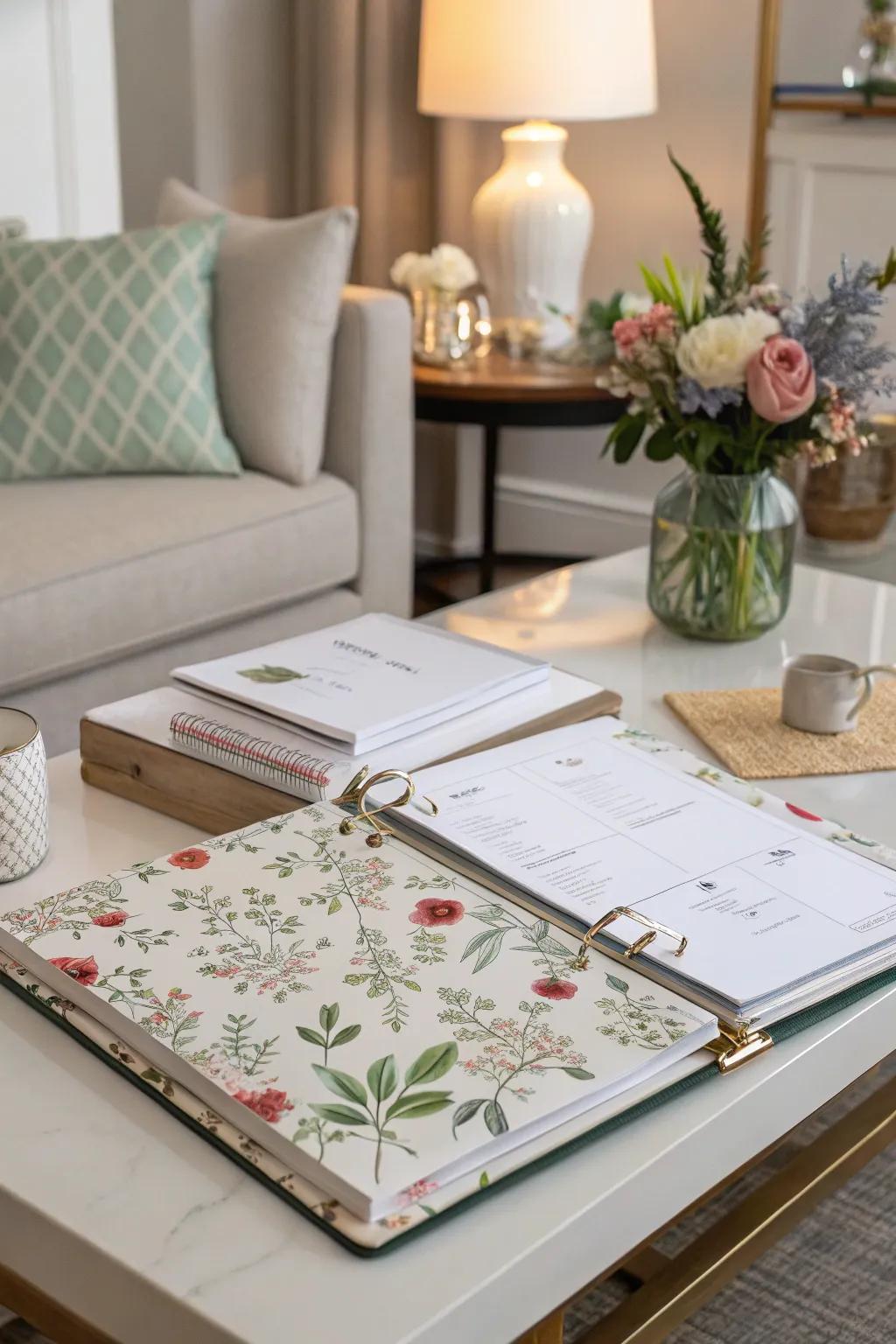 A personalized binder with decorative appeal.