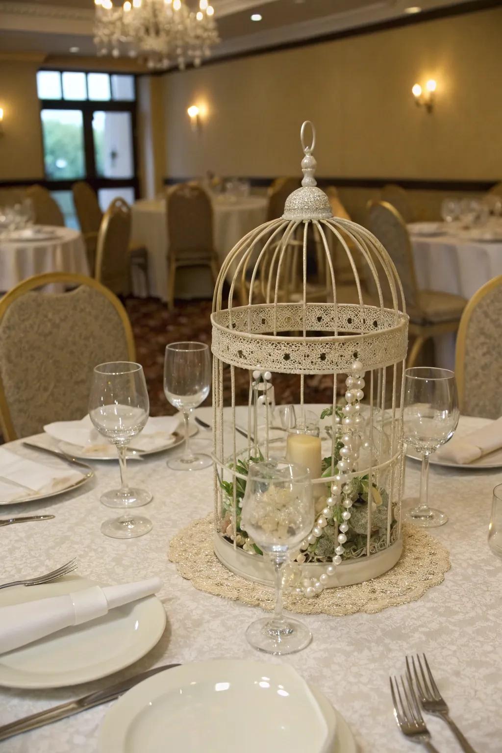 A sophisticated tablescape showcasing a <strong><em>bird enclosure</em></strong> centerpiece.” loading=”lazy” class=”pimg”>
	</picture><figcaption>A sophisticated tablescape showcasing a <strong><em>bird enclosure</em></strong> centerpiece.</figcaption></figure>
<p>Utilize a <strong><em>bird enclosure</em></strong> as the focal point of an <strong>elegant table arrangement</strong>, enriched with fine china and crystal glassware. I’m fond of adding subtle details such as pearls or small figurines for an extra flourish.</p>
<h3>Some ideas to consider:</h3>
<ul class=