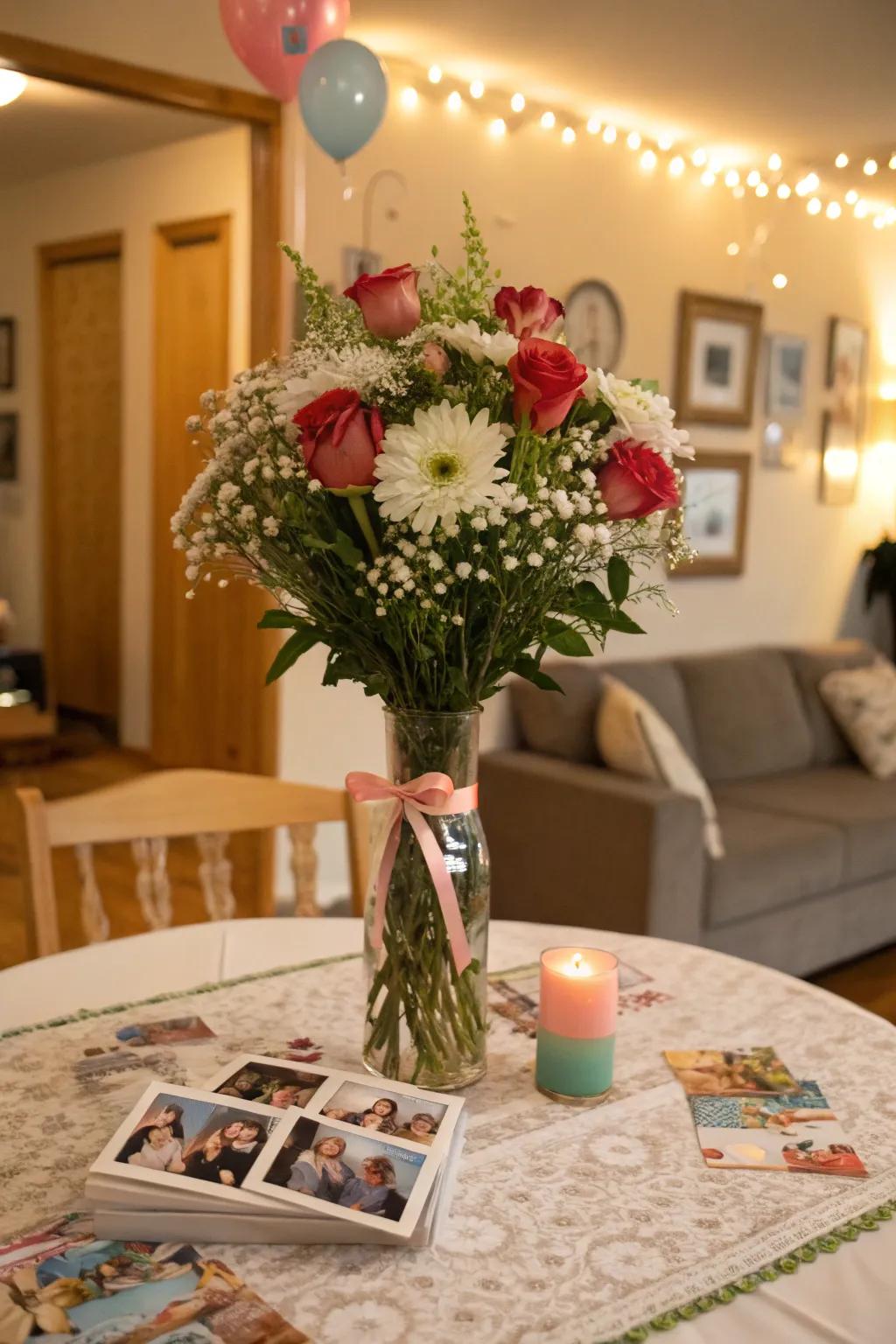 A custom picture bouquet that adds a sentimental touch to the party.