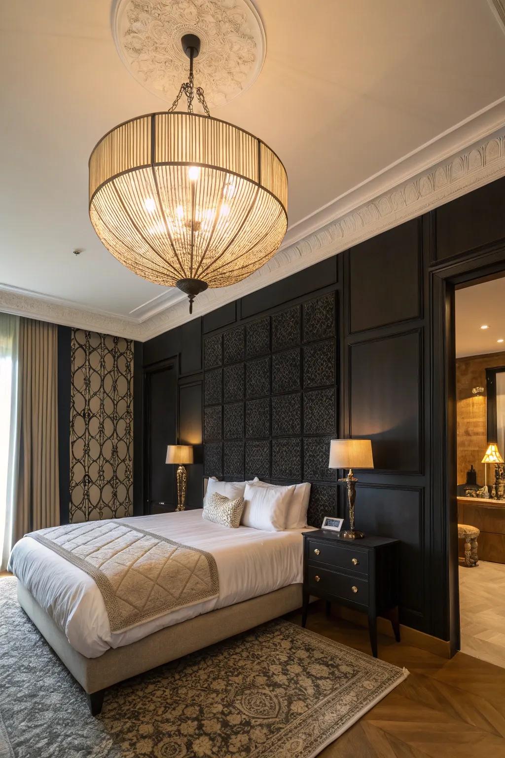 Statement lighting enhances the elegance of a black accent wall in this bedroom.