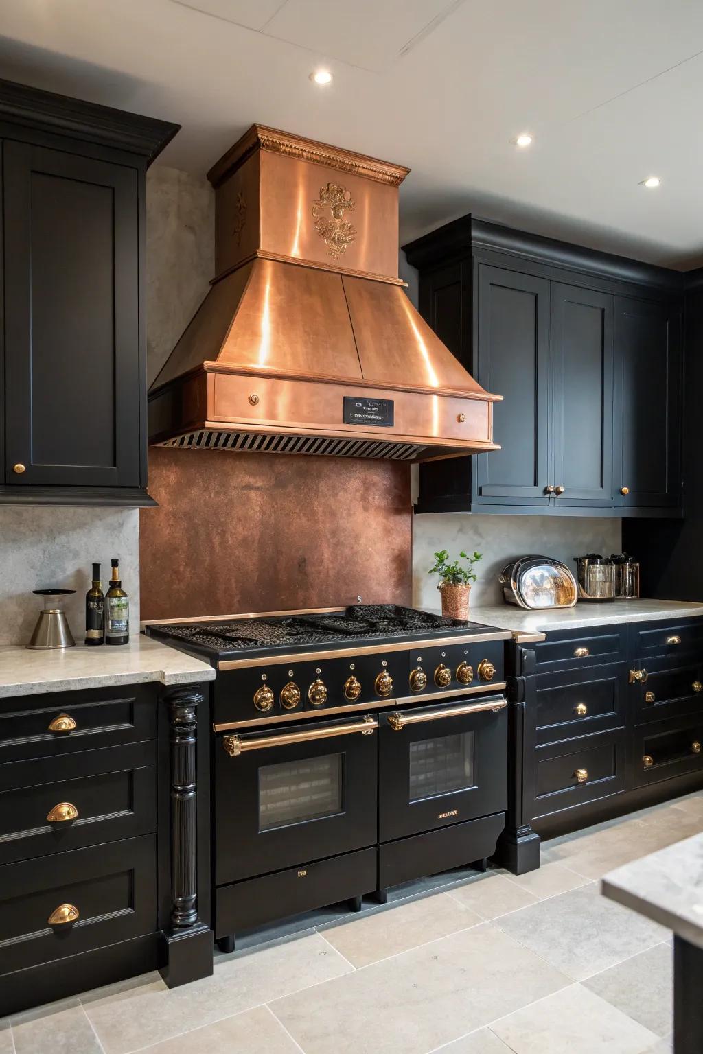 A copper stove cover enhances the luxurious feel in a black kitchen.