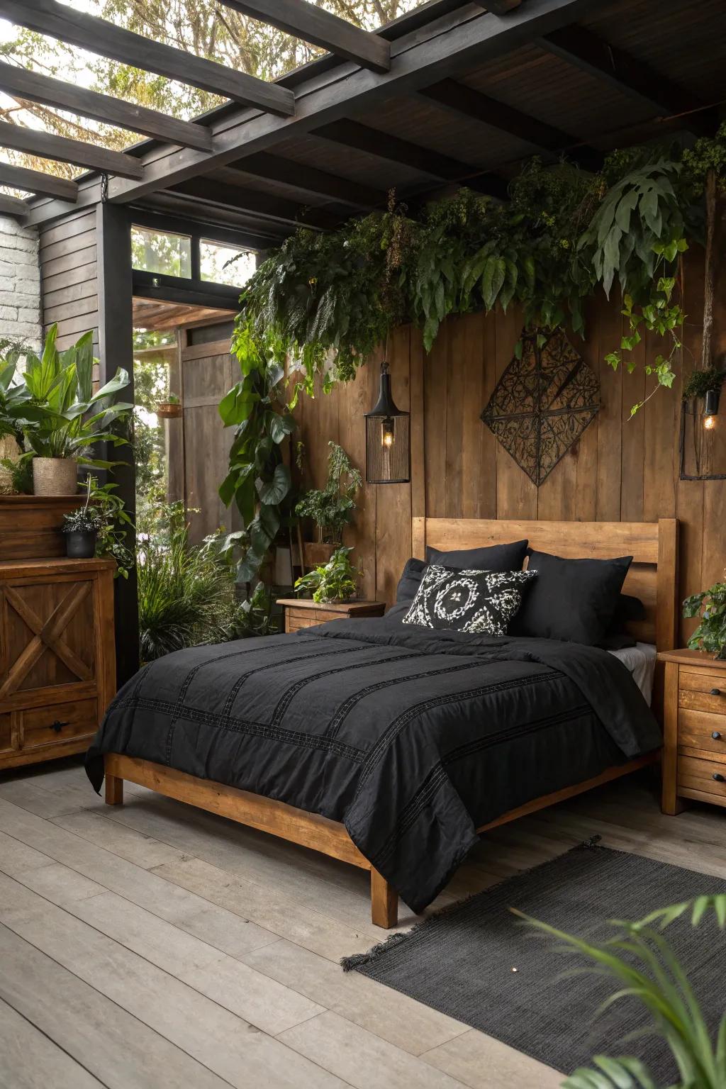 Combining black bedding with organic elements.