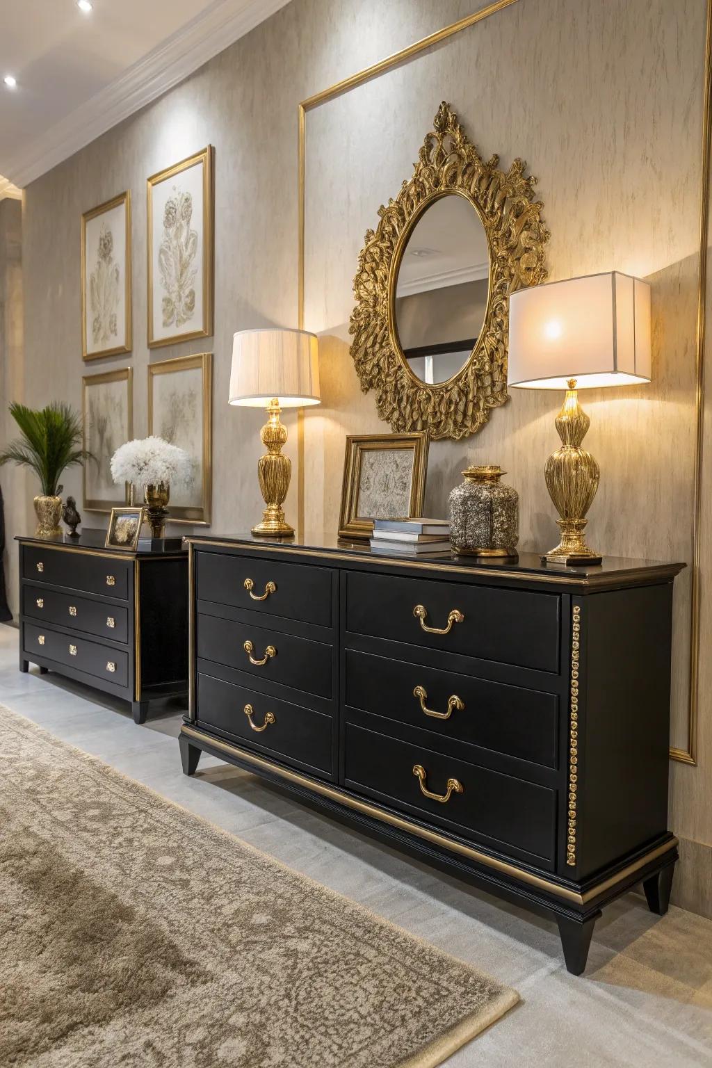 A glamorous ebony chest design featuring golden effects.