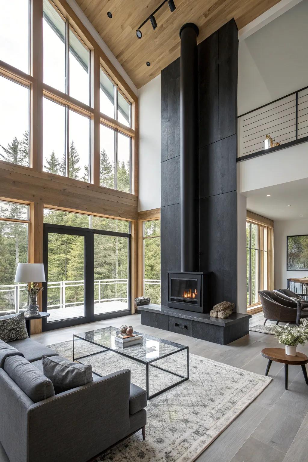 Establish a dramatic focal point with a floor-to-ceiling black fireplace.