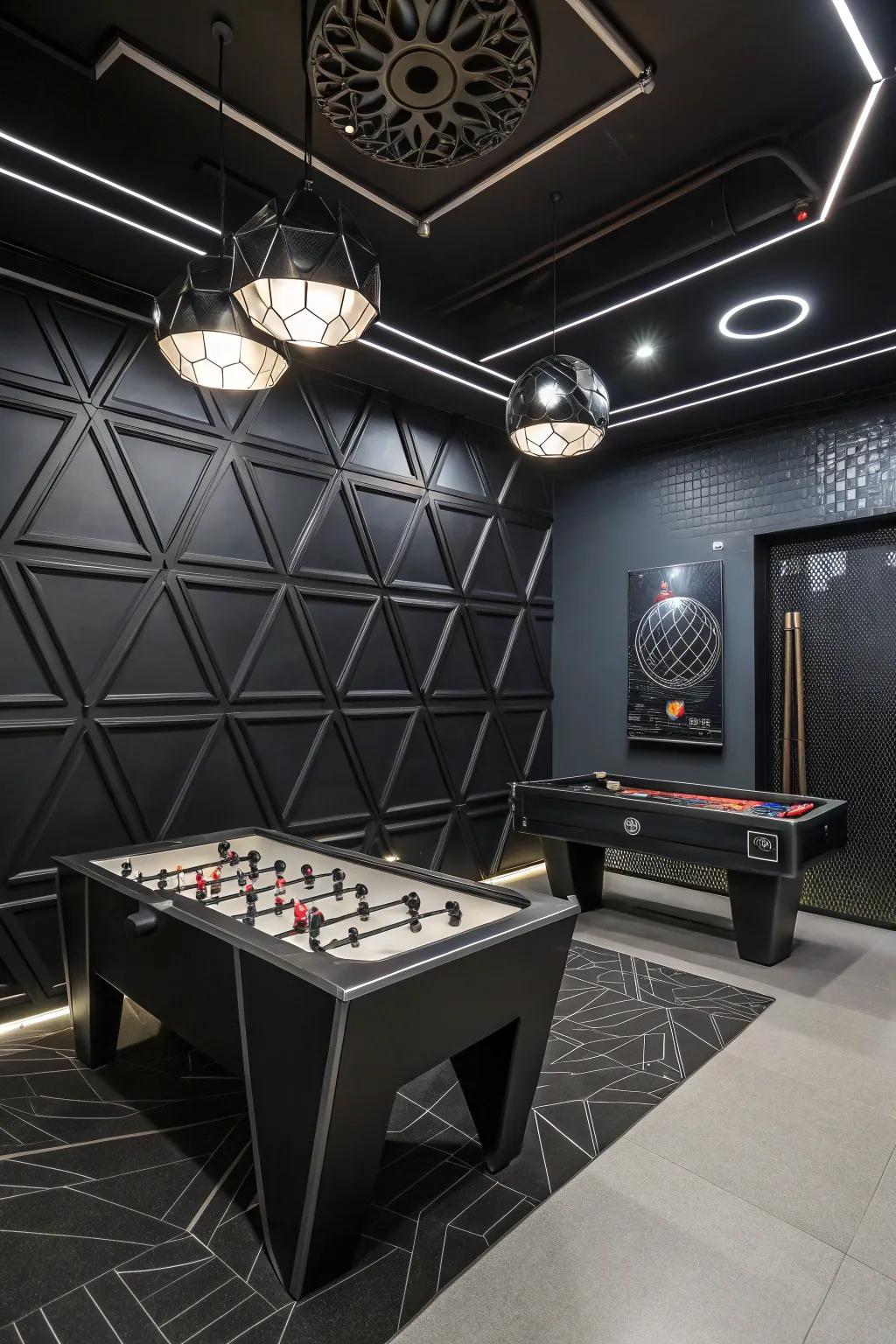 Futuristic decor elements enhance the game room with a modern and sleek aesthetic.