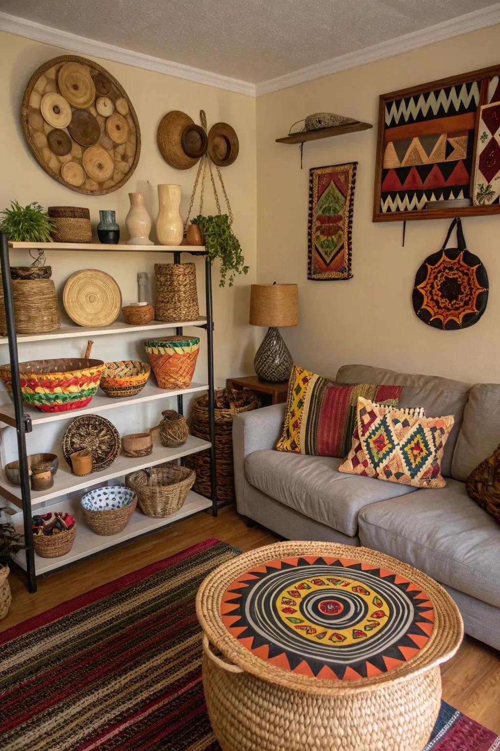 Handcrafted artifacts that reflect cultural heritage add coziness.