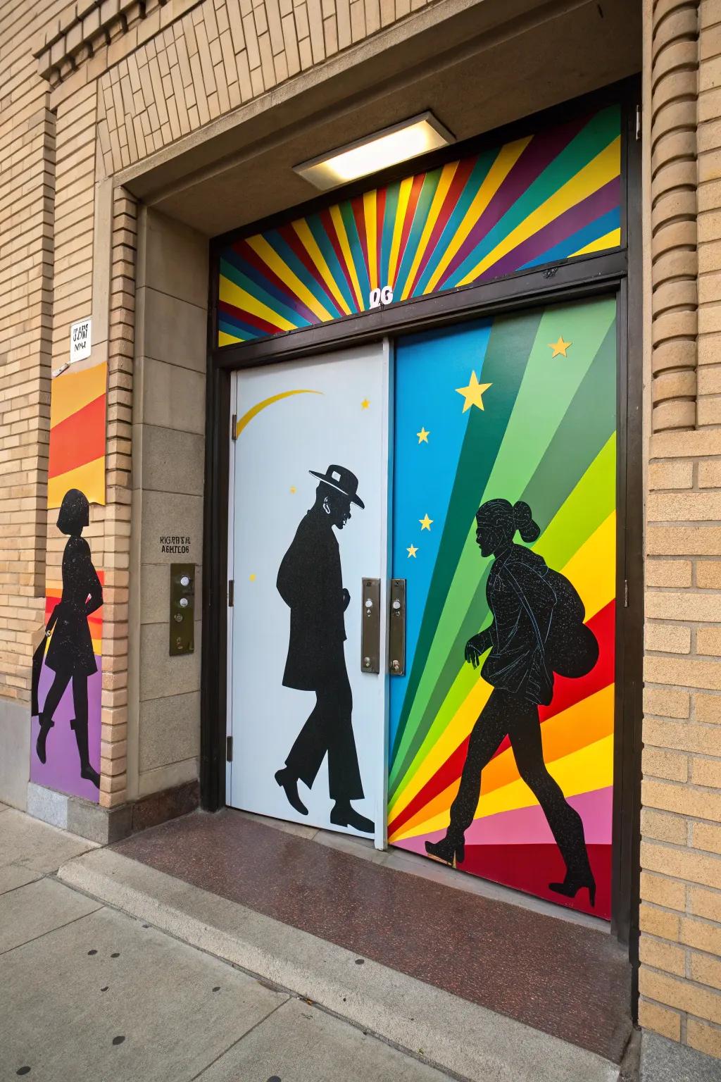 A door displaying silhouette art of iconic Black figures.