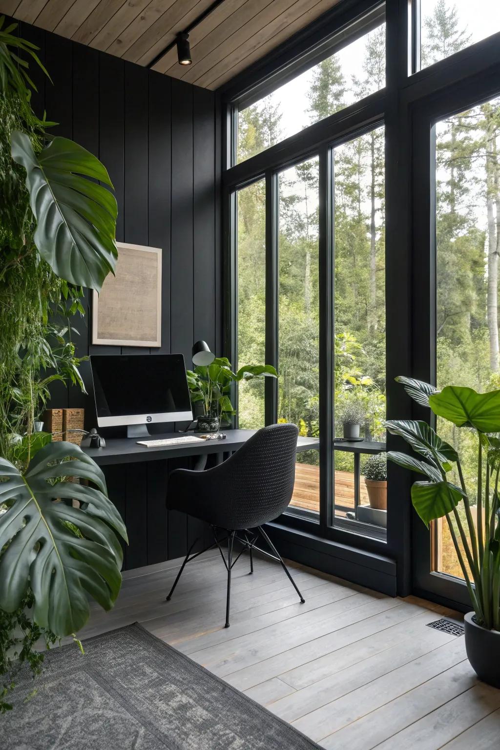 Natural light and greenery infuse vitality into a black office atmosphere.