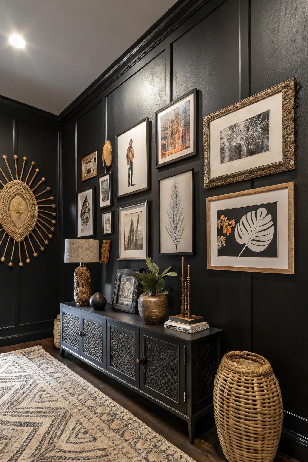 Handpicked graphic art injecting personality into a dark space.