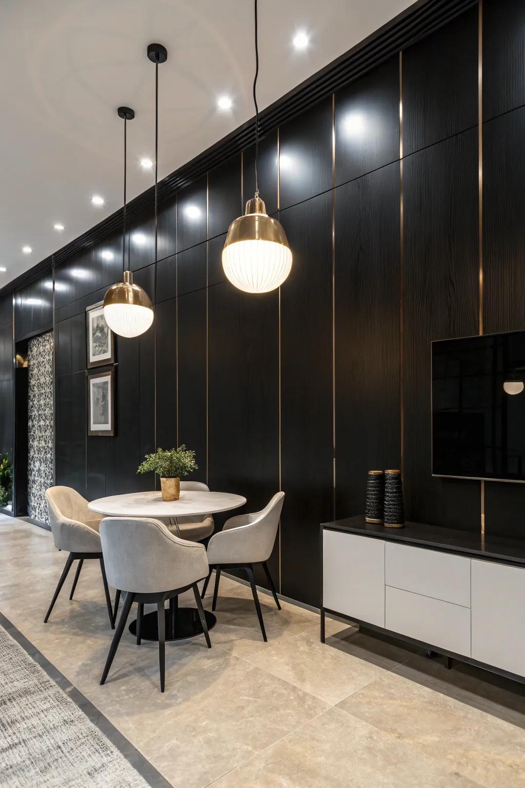 Hanging lights highlighting a black wall.