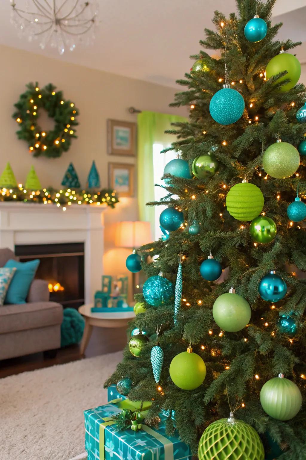 A vibrant turquoise and lime green tree that enlivens your holiday decor.