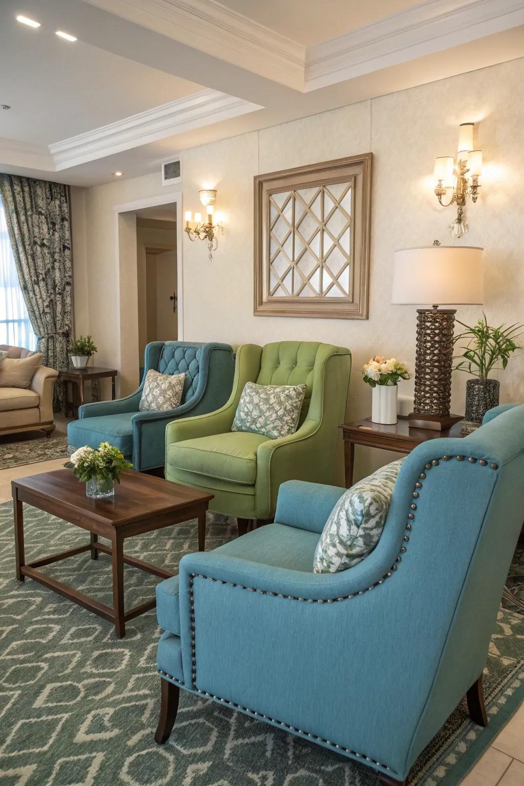 Accent chairs supply added seating and a pop of color.