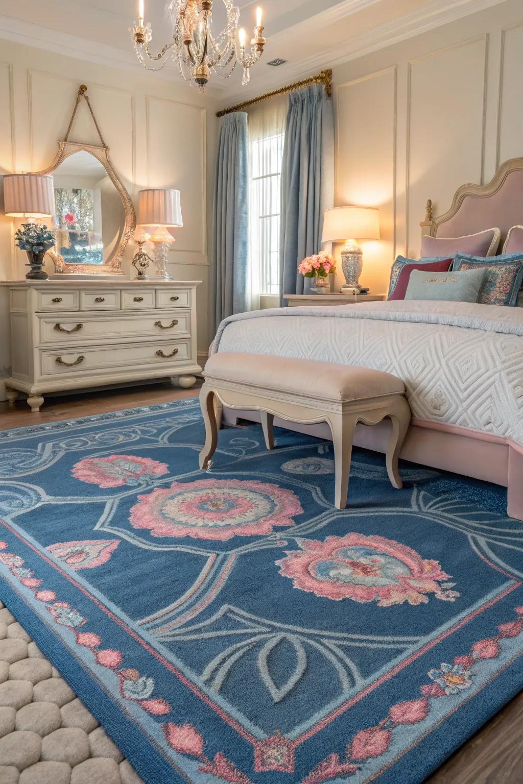 A patterned rug unites the room with a blend of color and texture.