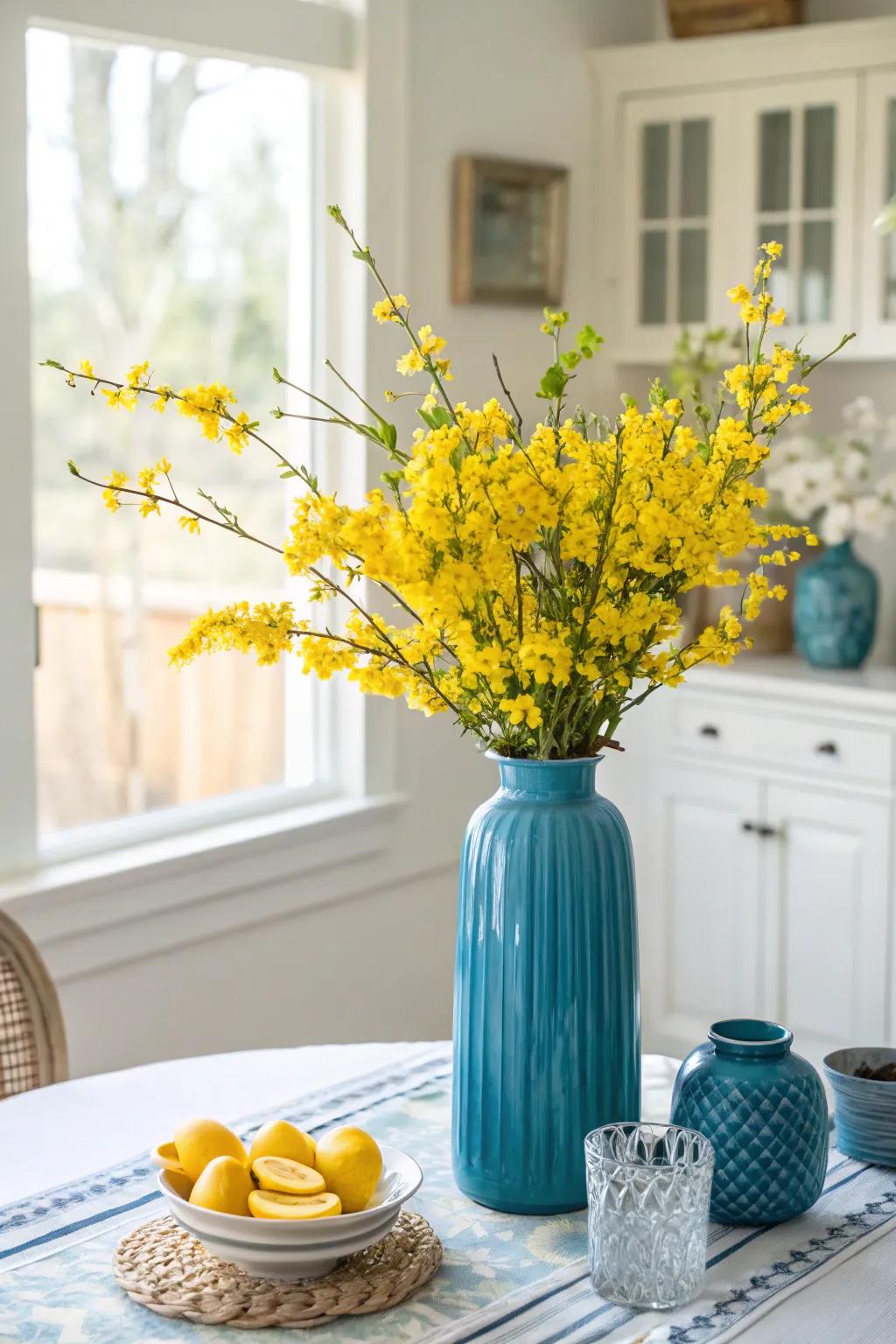 An azure vessel filled with gold blooms, injecting a breath of freshness into the setting.