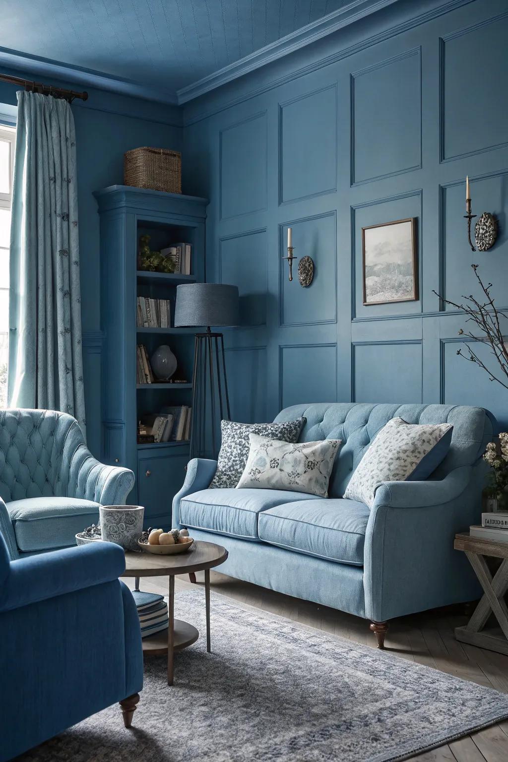 A balanced, monochromatic cerulean-themed living area aesthetic.
