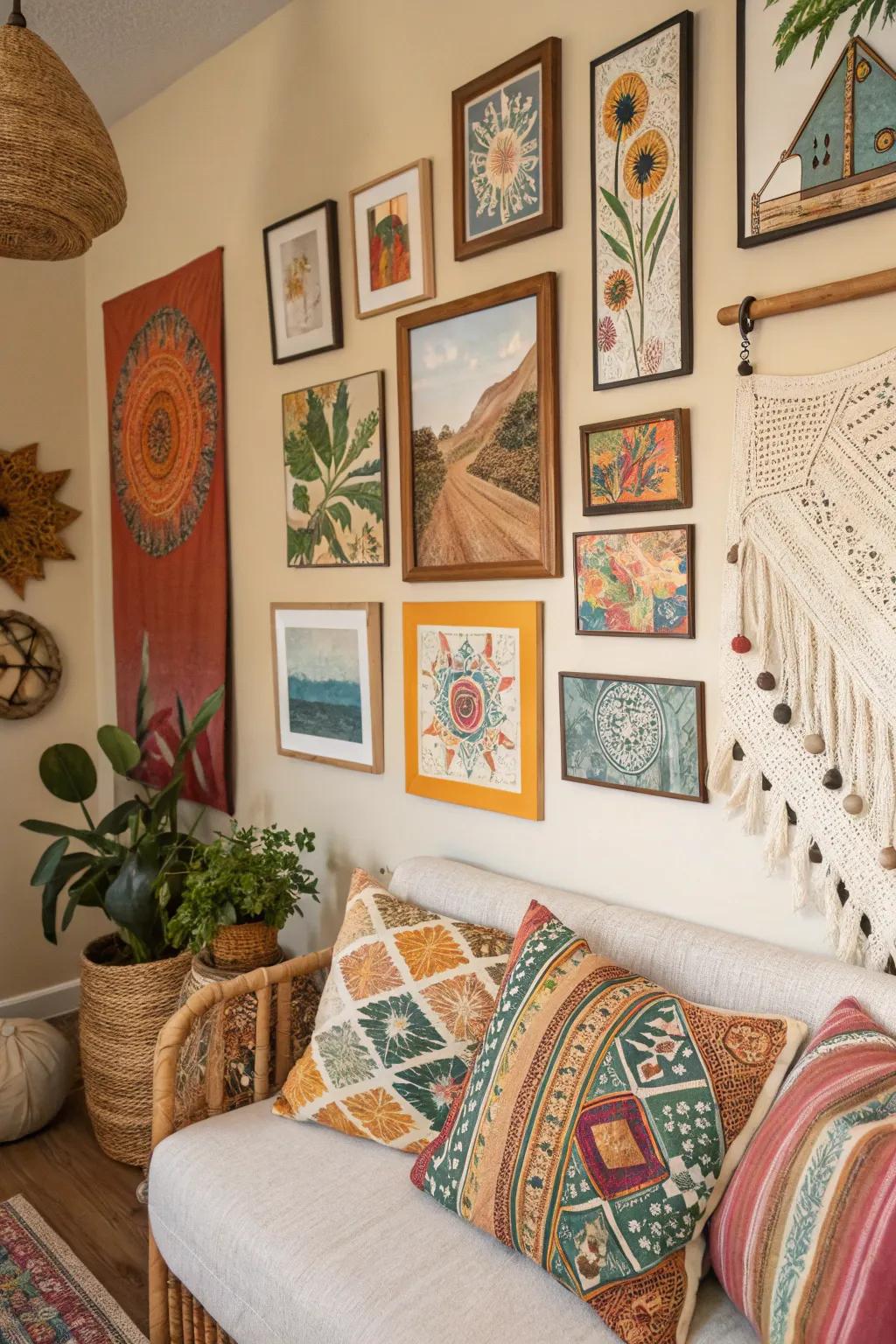 A gallery wall that highlights the flexibility and charm of boho paintings.