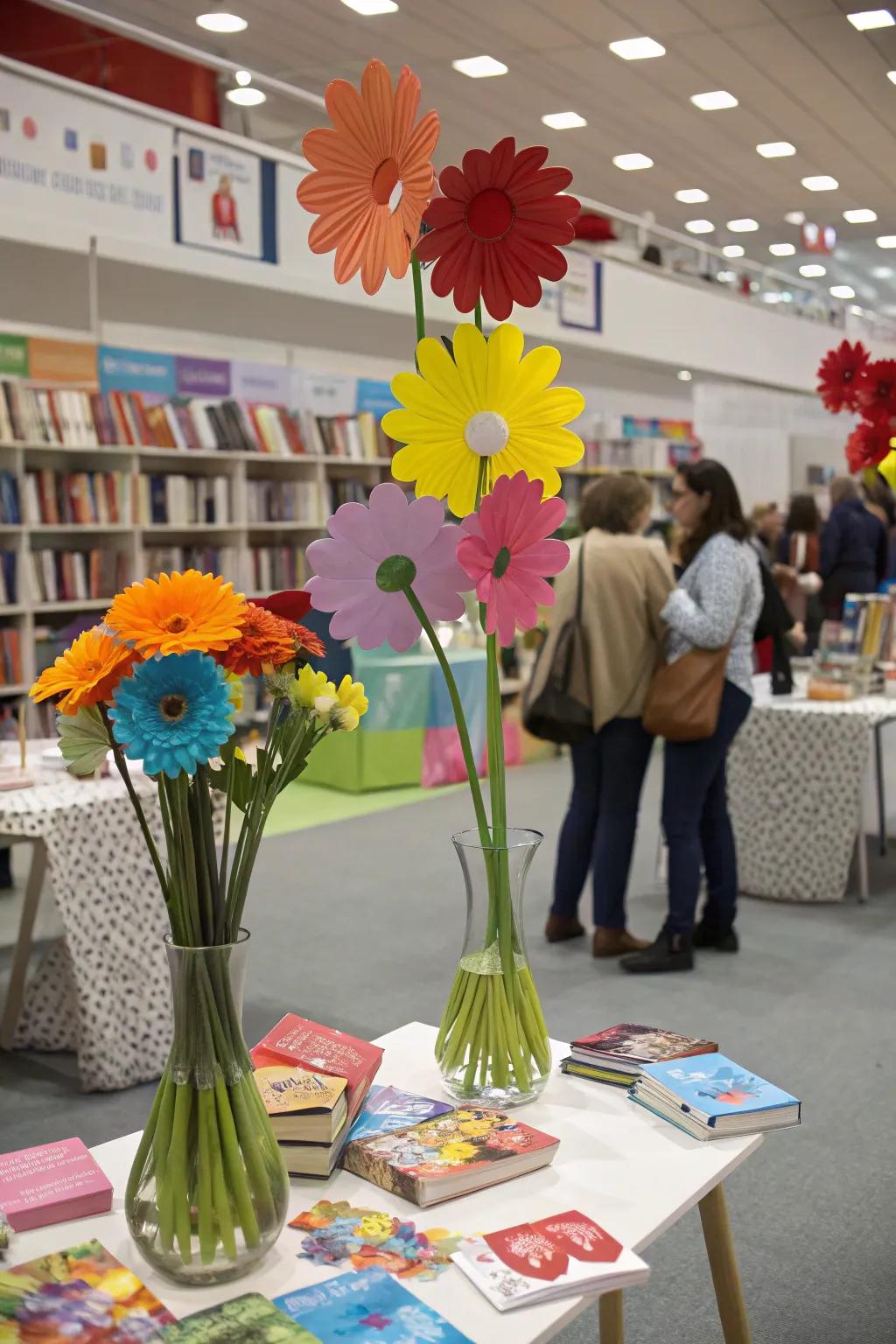 Handmade paper flowers inject a personal feel to the book fair decorations.