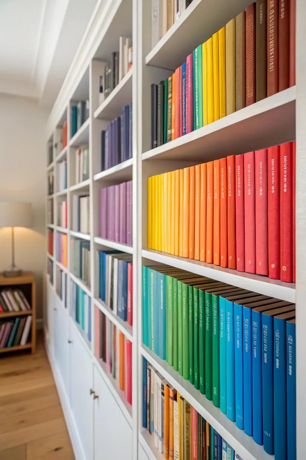 A visually appealing bookshelf arranged by color.