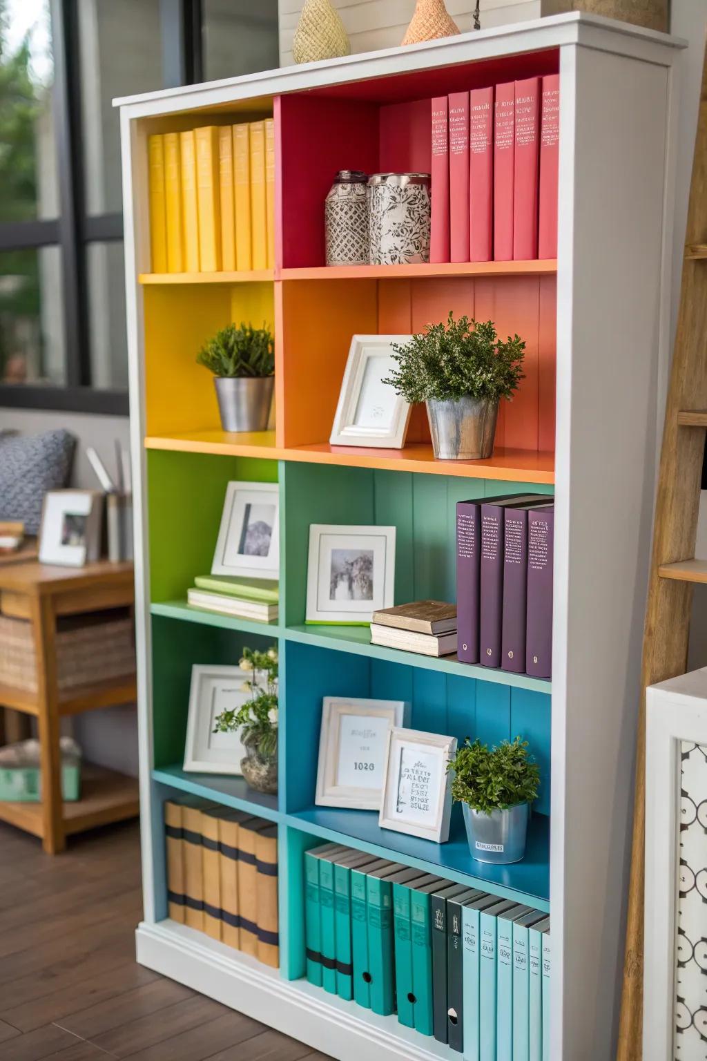 Produce a unified aesthetic through color-coordinated bookcase exhibits.