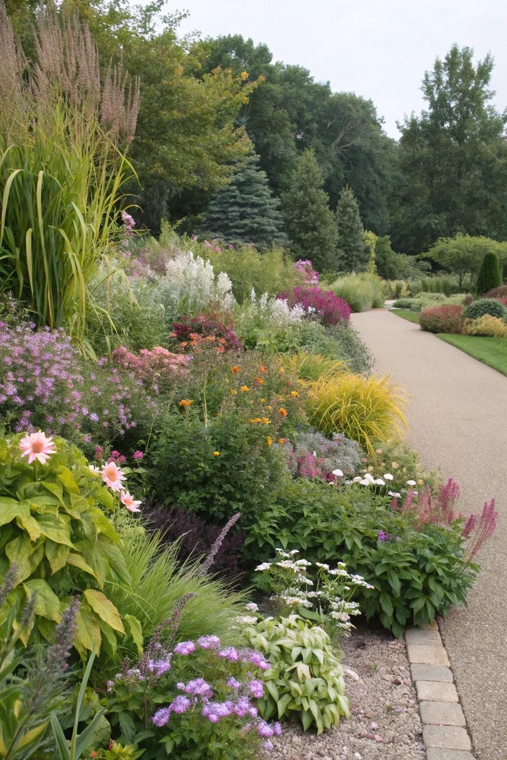 A dynamic garden border showcasing mixed plant heights and textures.