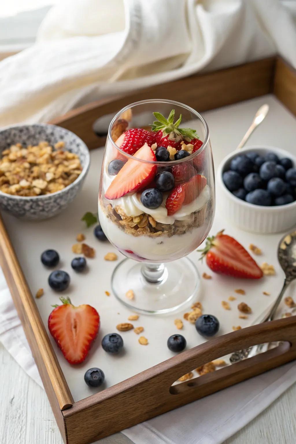 Layered yogurt delights offer a balanced and rejuvenating breakfast selection.