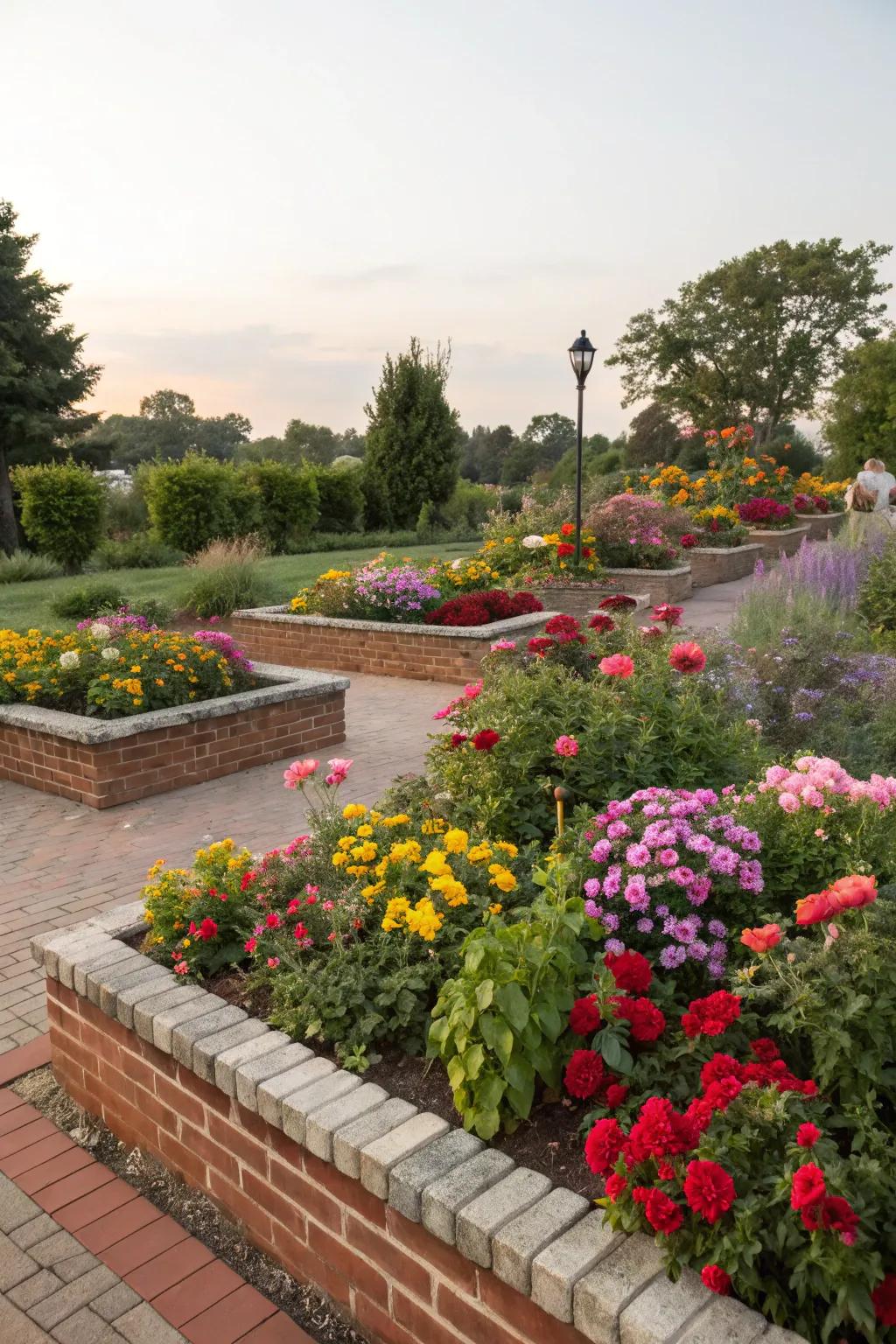 Bright blooms and bricks create an energetic garden display.