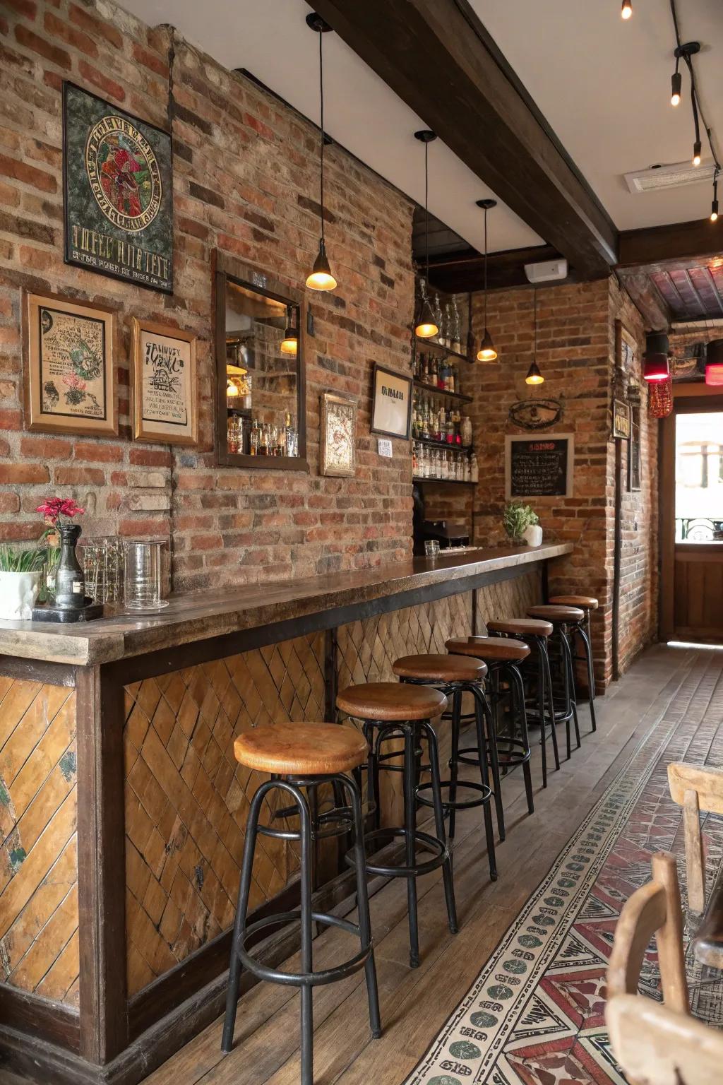 Vintage bar stools enrich the character of a brick wall bar.