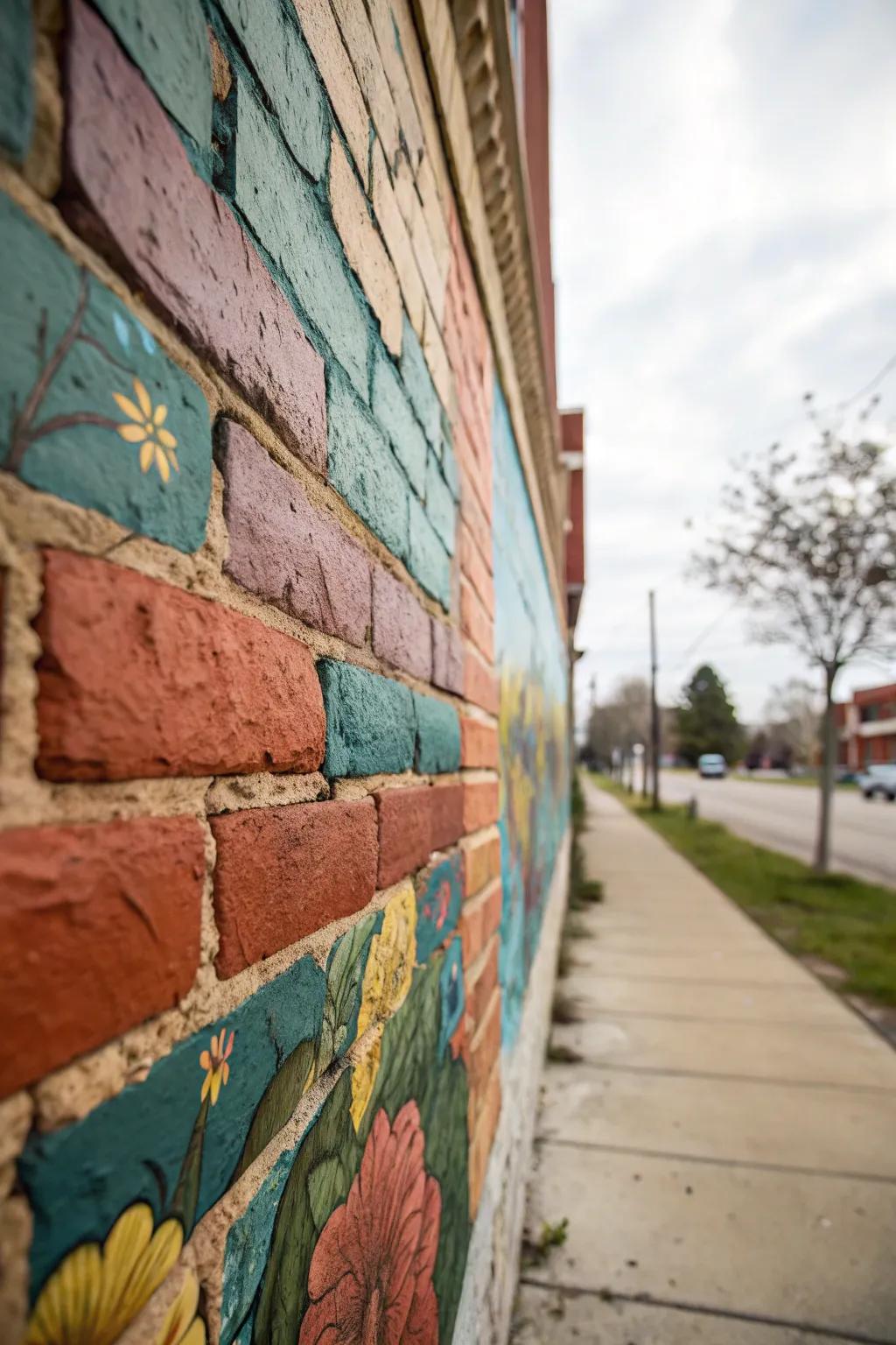 Dimensional mural merges painted and natural brick aspects.