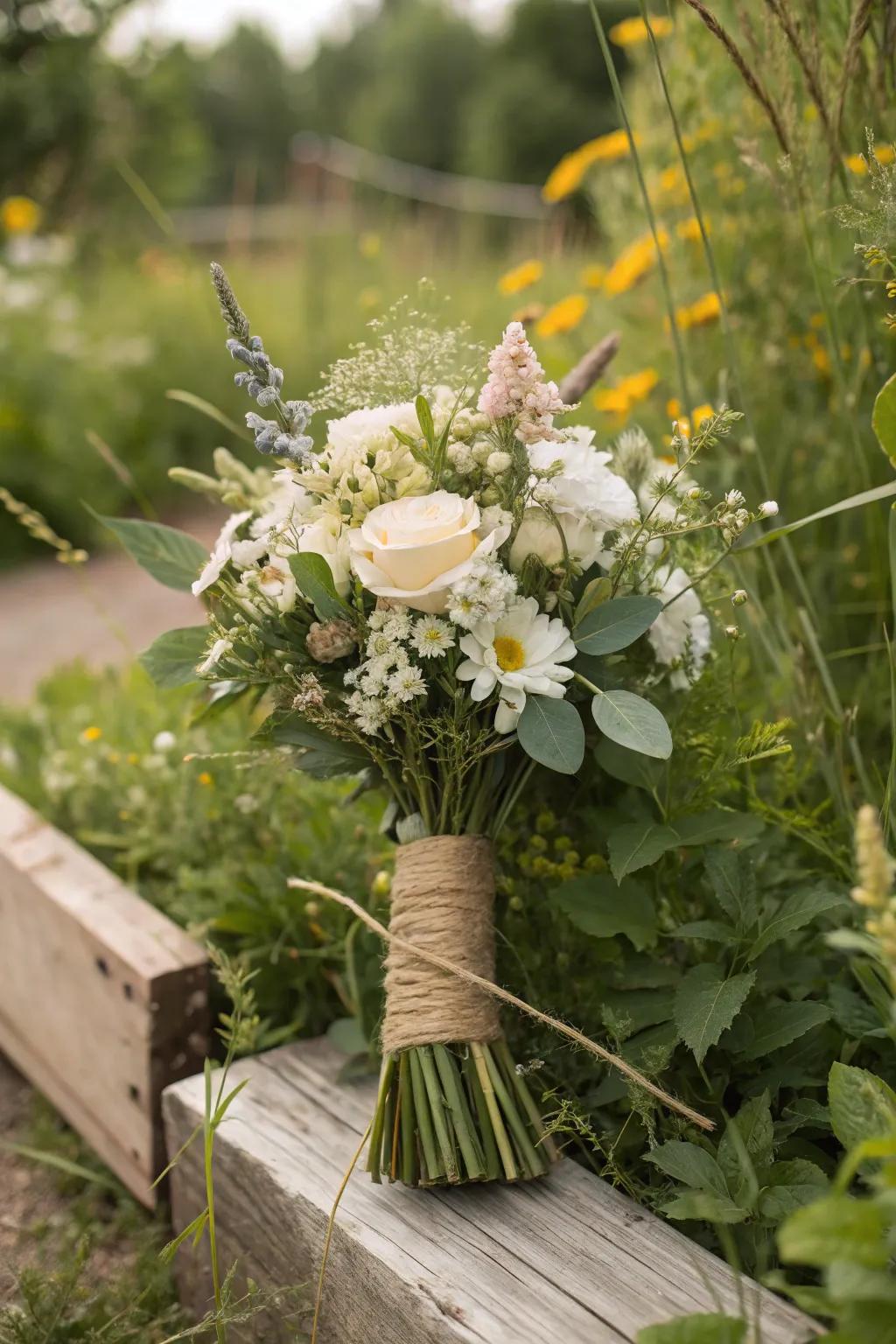 String dressings append earthy texture to wildflower bridal bouquets.