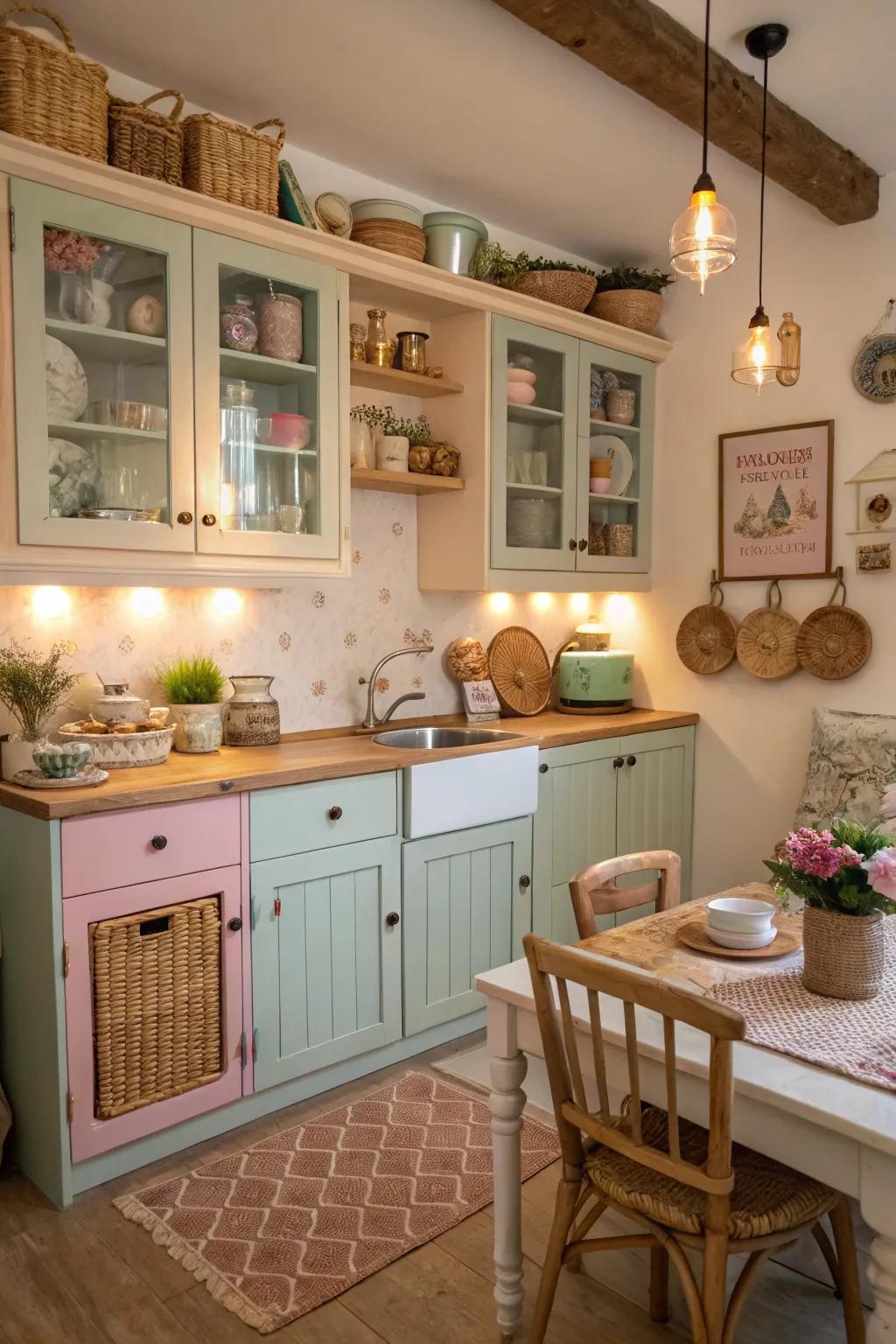 Home-made items offer a cozy and personalized mood to this cooking space.