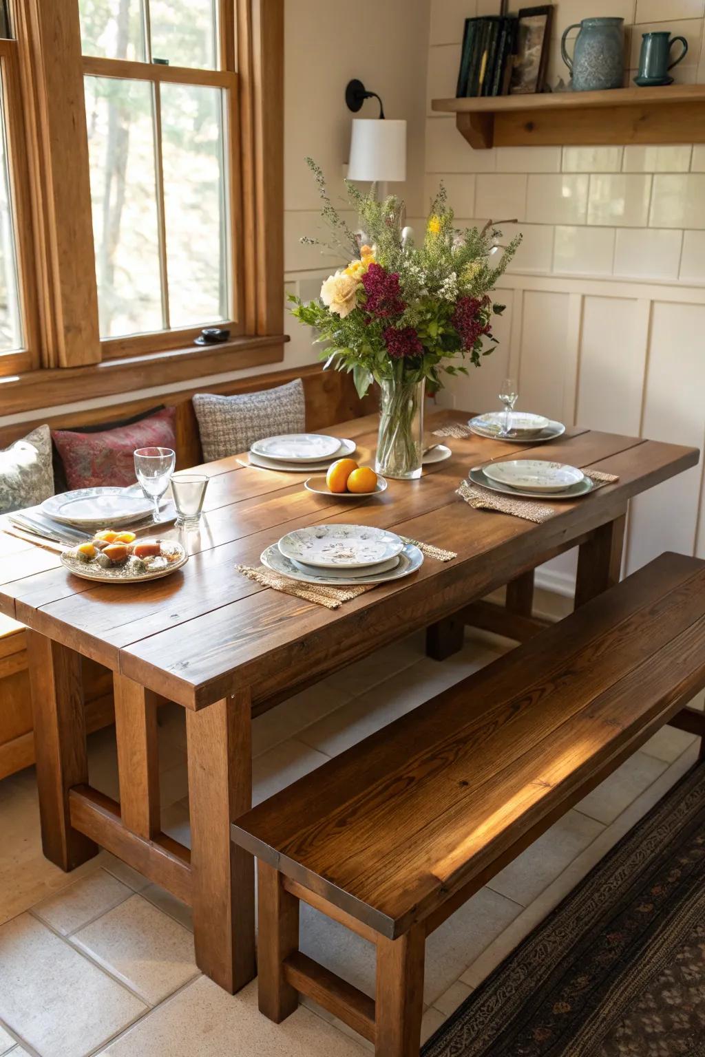 Unite functionality and style with bench and table combinations.