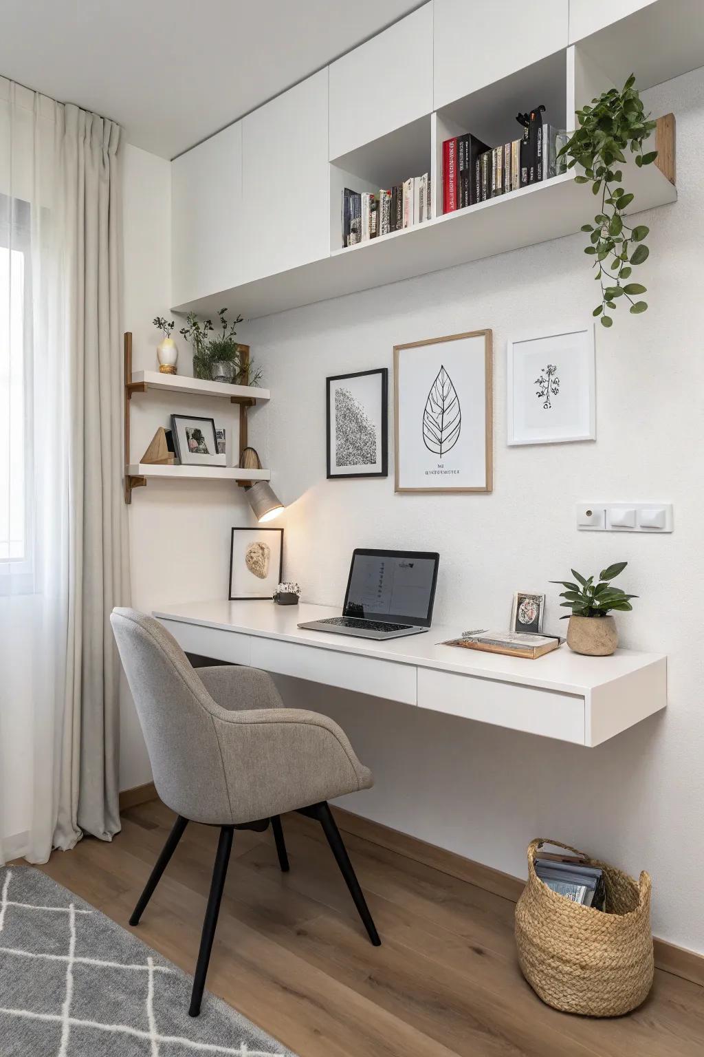 A floating desk adds a modern touch to a simple office.
