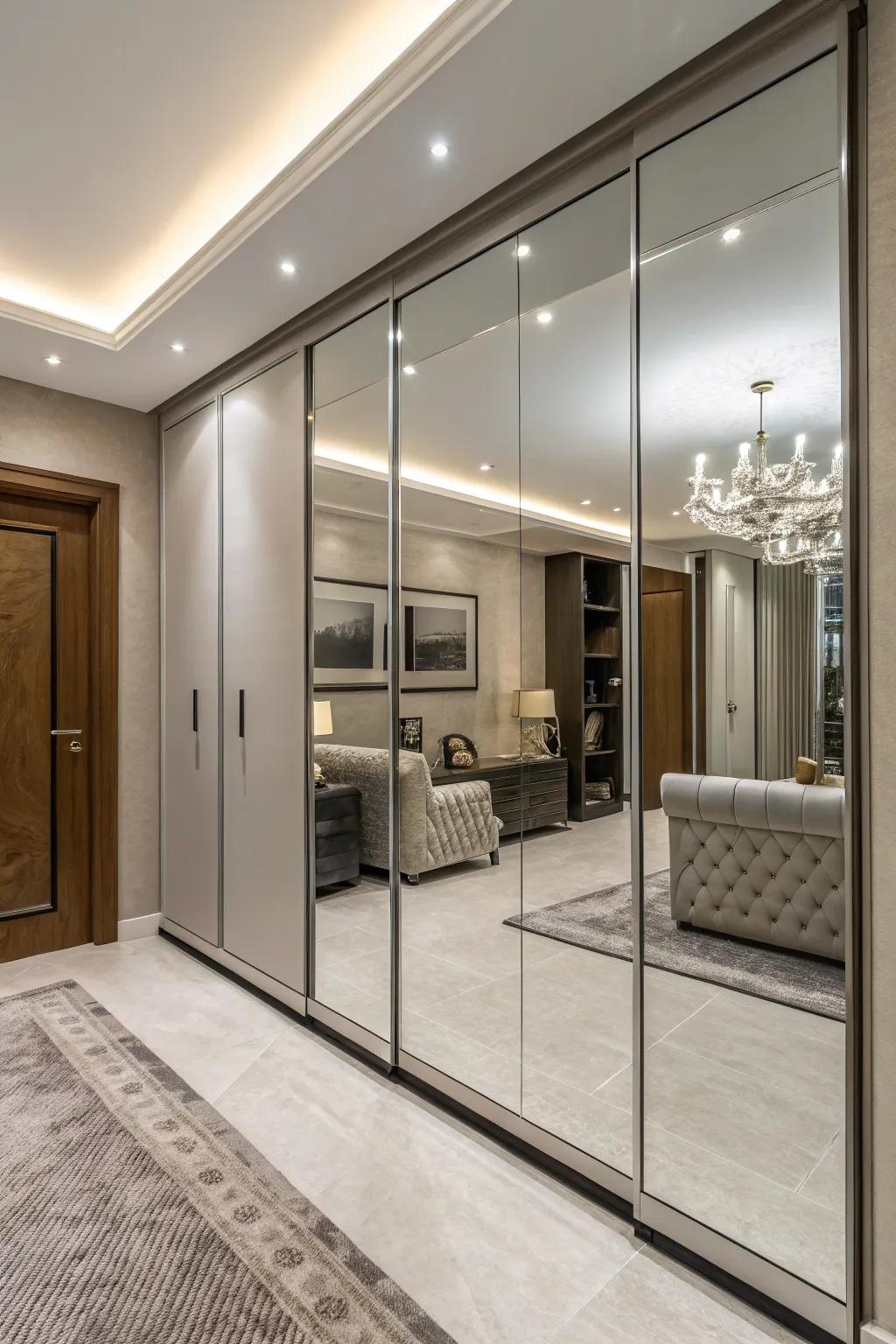 Mirrored closet doors add depth and usefulness.