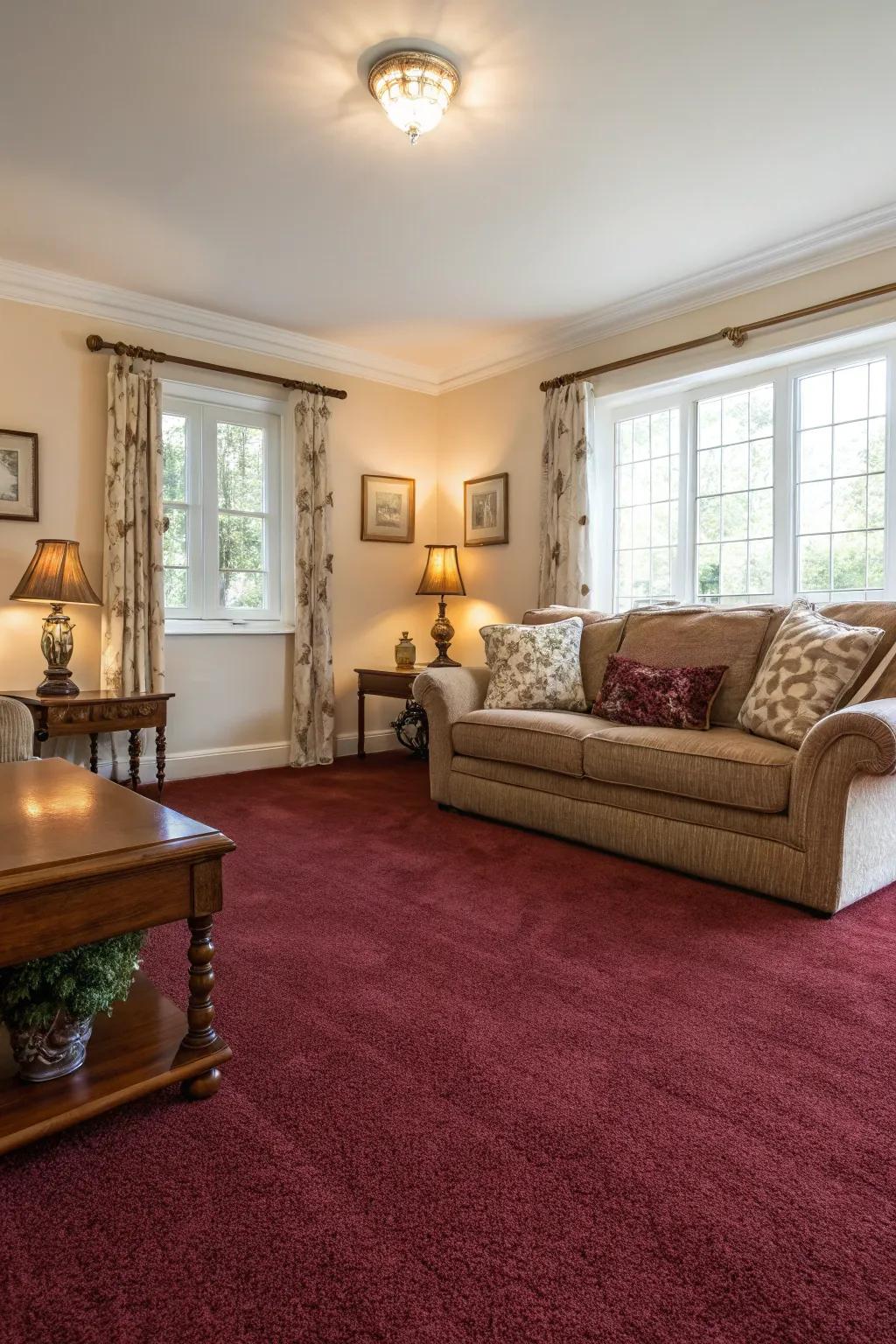 Pale walls establish a stunning juxtaposition that emphasizes the scarlet floor covering.