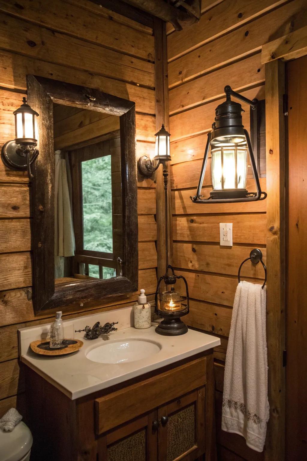 A log cabin washroom showcasing a time-honored looking-glass and lantern-themed illumination.