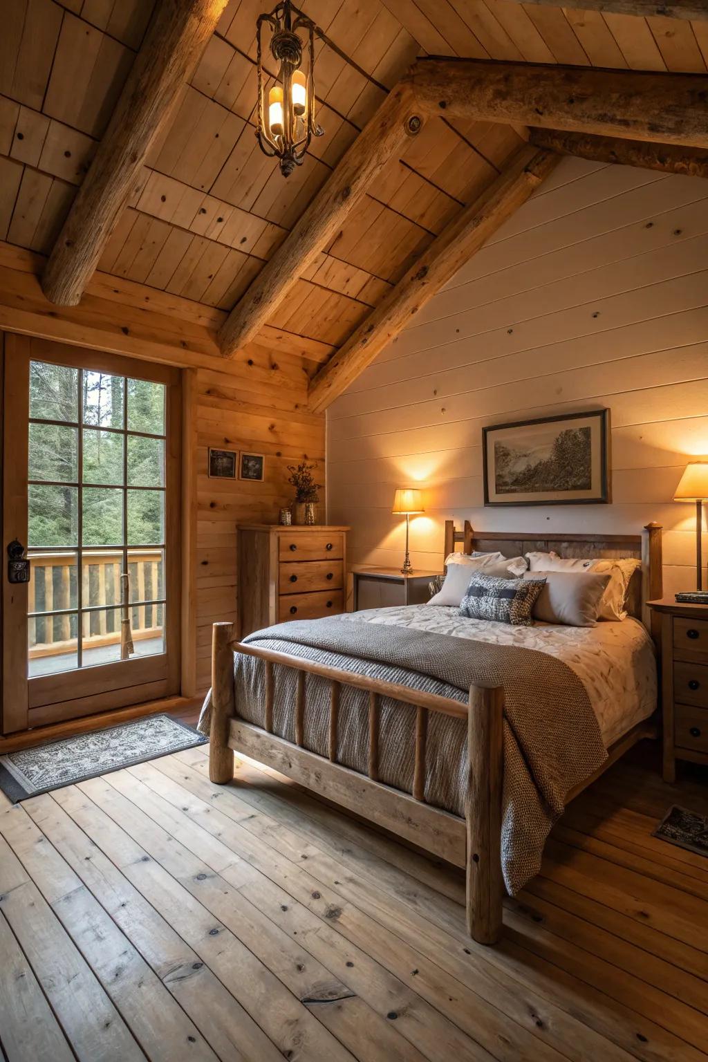 A cabin bedroom styled with ambient cozy lighting and timber features.